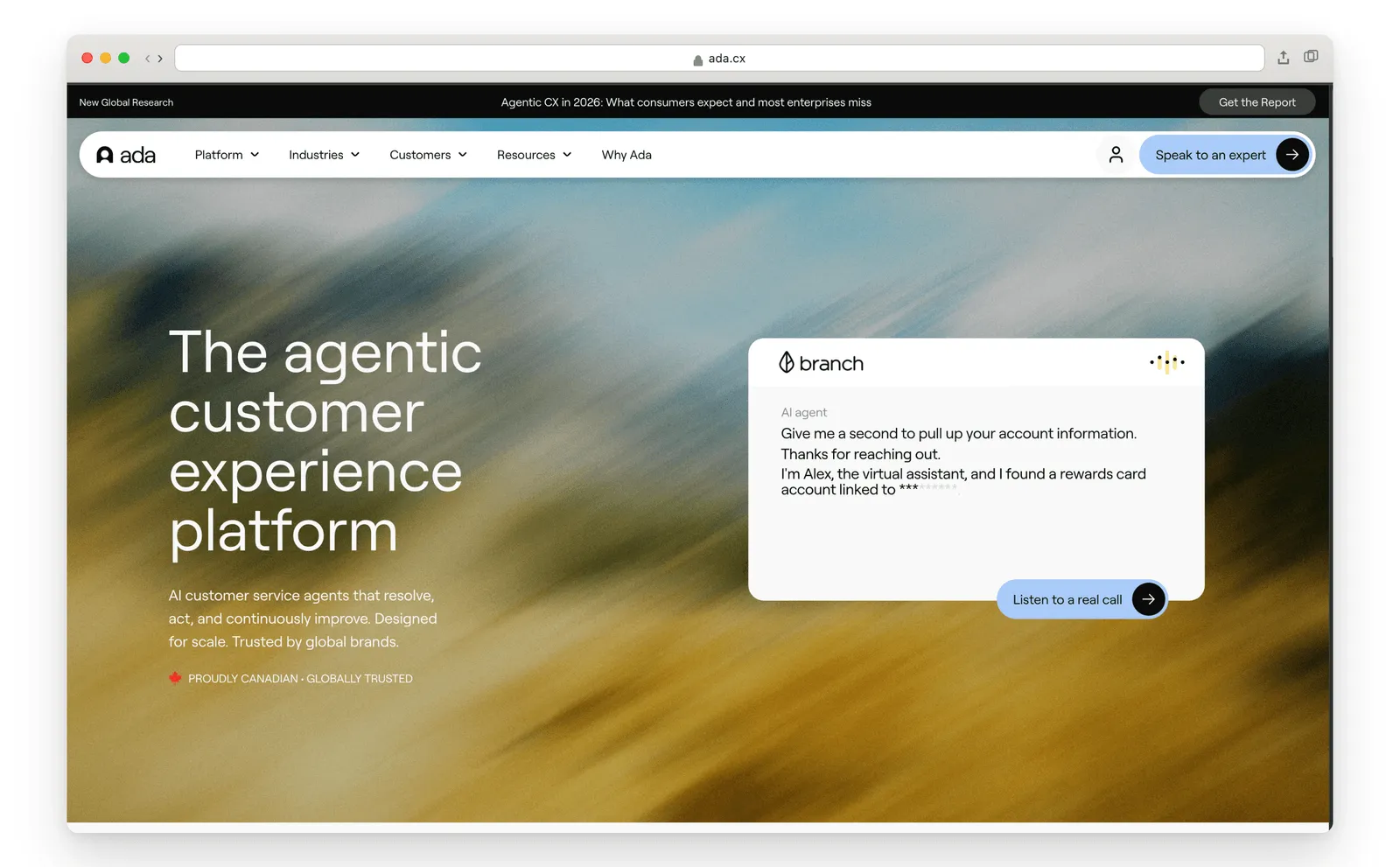 Ada customer service AI platform homepage