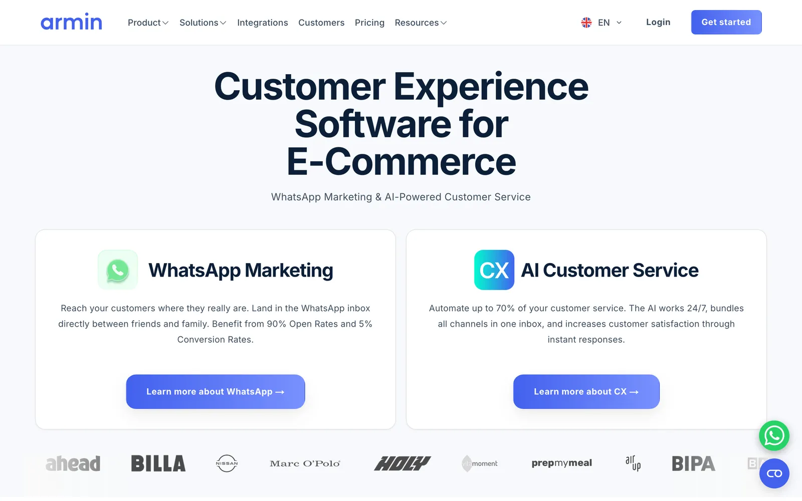 Chatarmin's homepage, headed 'Customer Experience Software for E-Commerce', with side-by-side WhatsApp Marketing and AI Customer Service cards, captured 15 October 2026 from chatarmin.com.