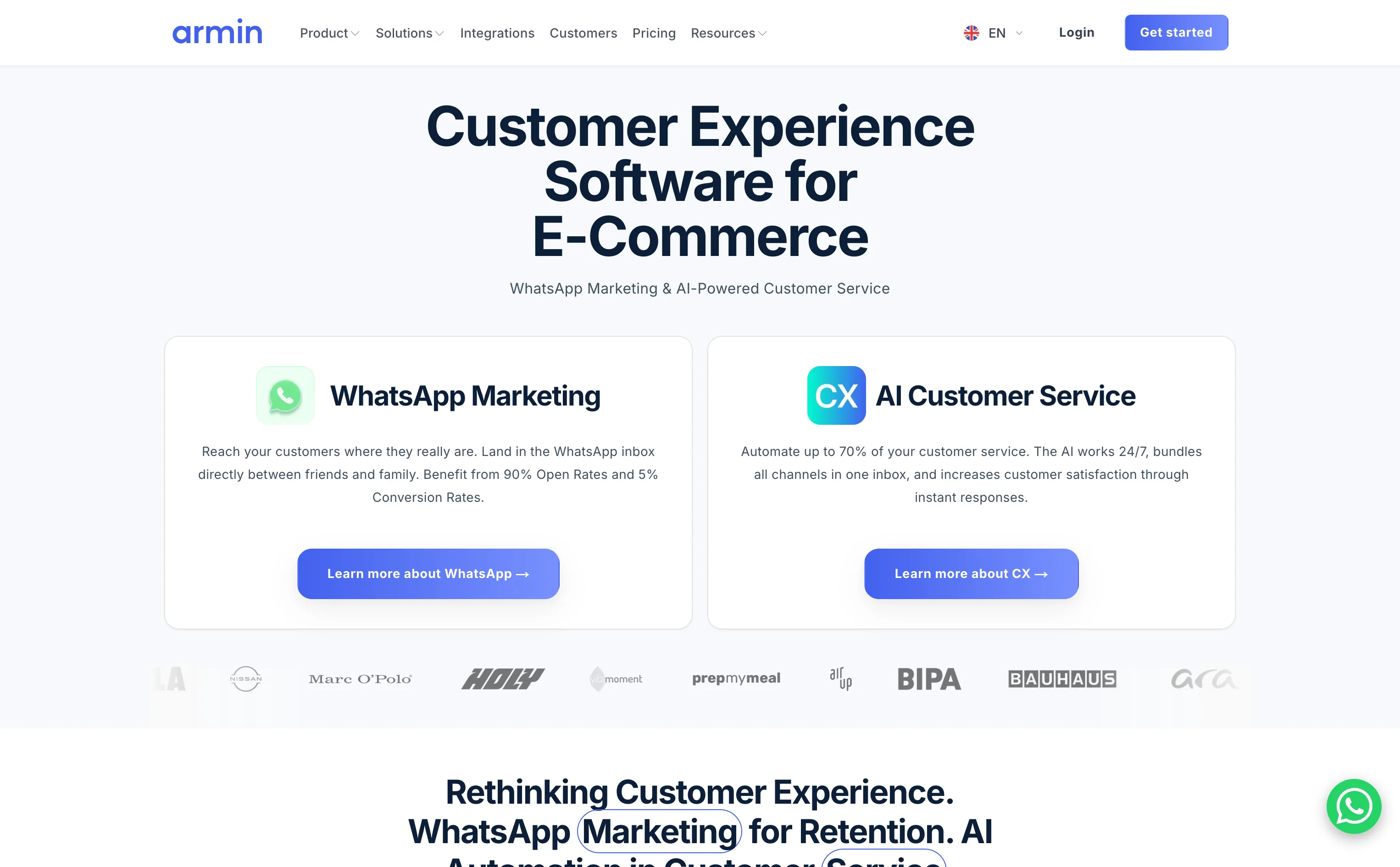 Startseite von Chatarmin für WhatsApp-Marketing und KI-Kundenservice