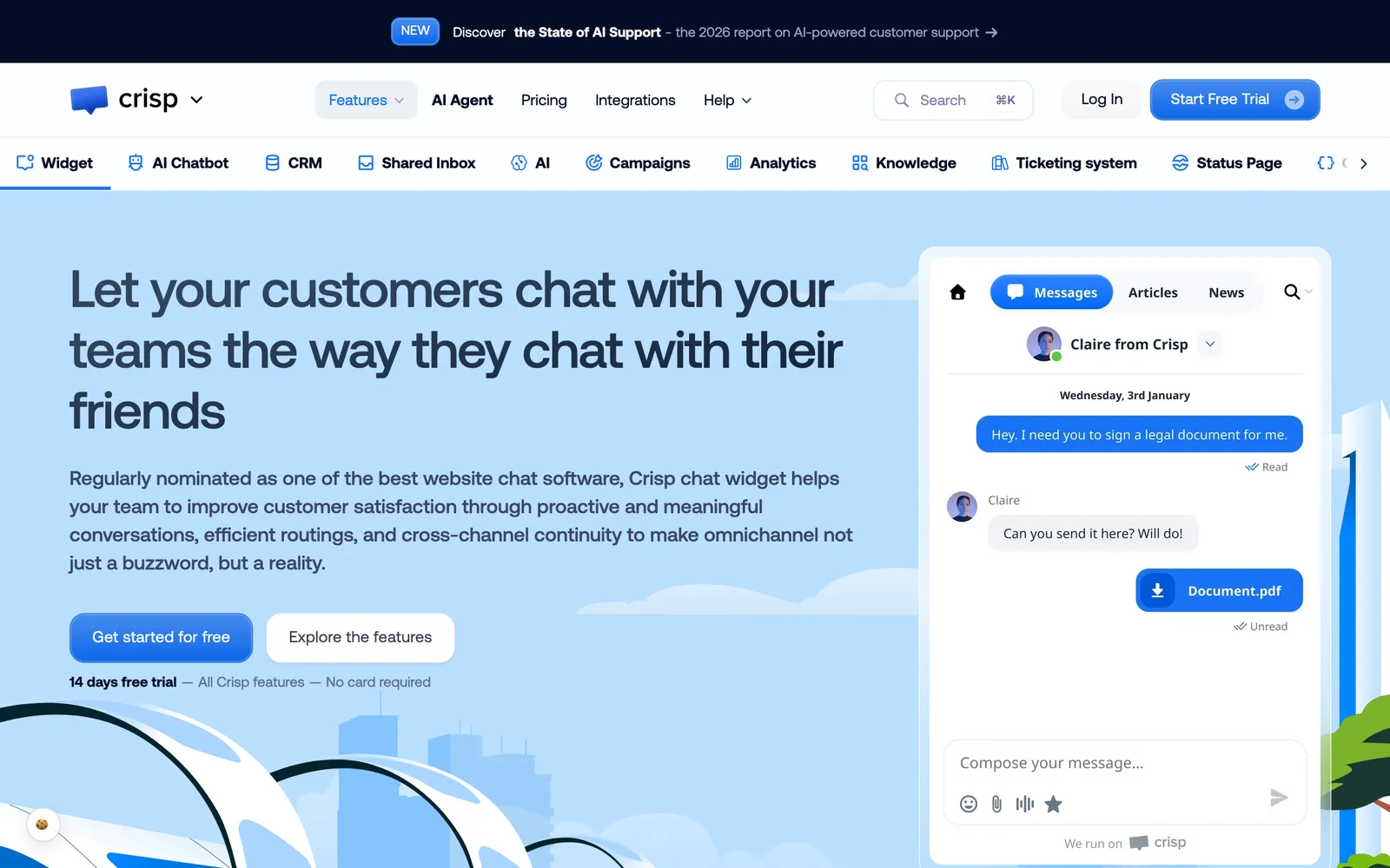 Crisp's live chat page, headed 'Let your customers chat with your teams the way they chat with their friends', with the Crisp chatbox open on a conversation with 'Claire from Crisp', captured 15 October 2026 from crisp.chat.