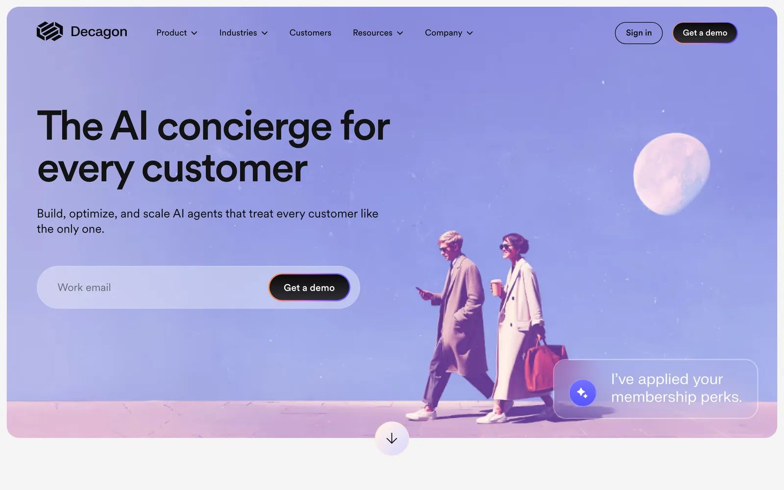 Screenshot of the Decagon homepage at decagon.ai, headed 'The AI concierge for every customer', with a work-email field and a 'Get a demo' button, captured 16 October 2026.