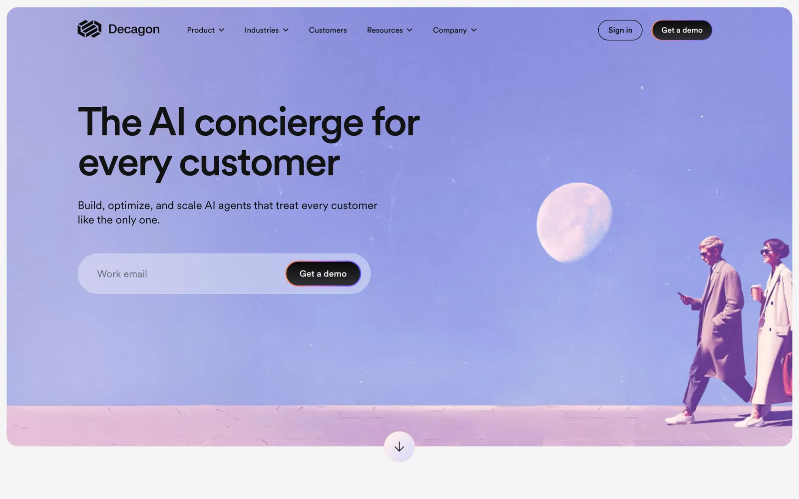 Decagon homepage, 'The AI concierge for every customer', with a work email field and a Get a demo button, captured 23 October 2026.