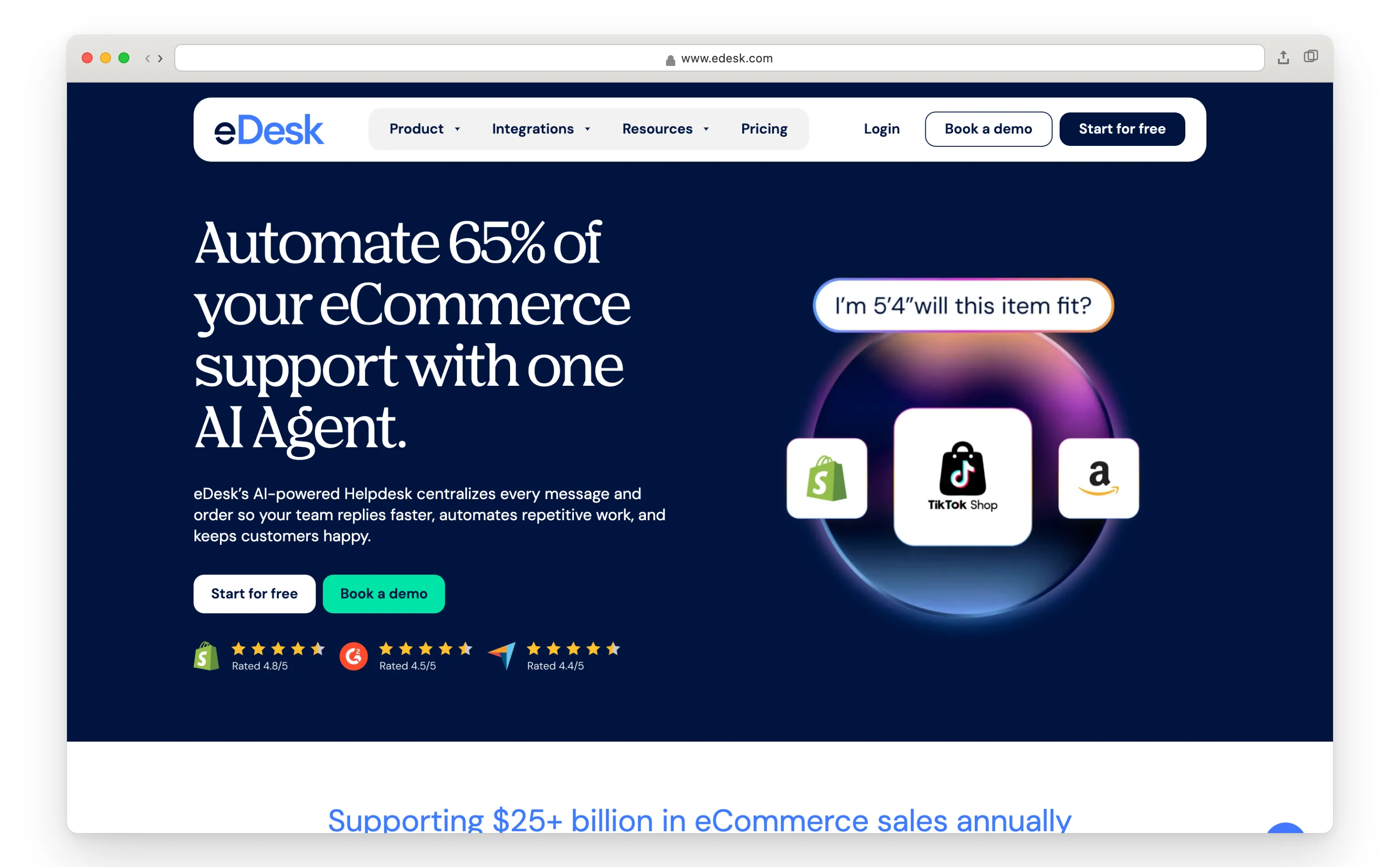 Startseite des eDesk E-Commerce- und Marktplatz-Helpdesks mit KI-Agenten