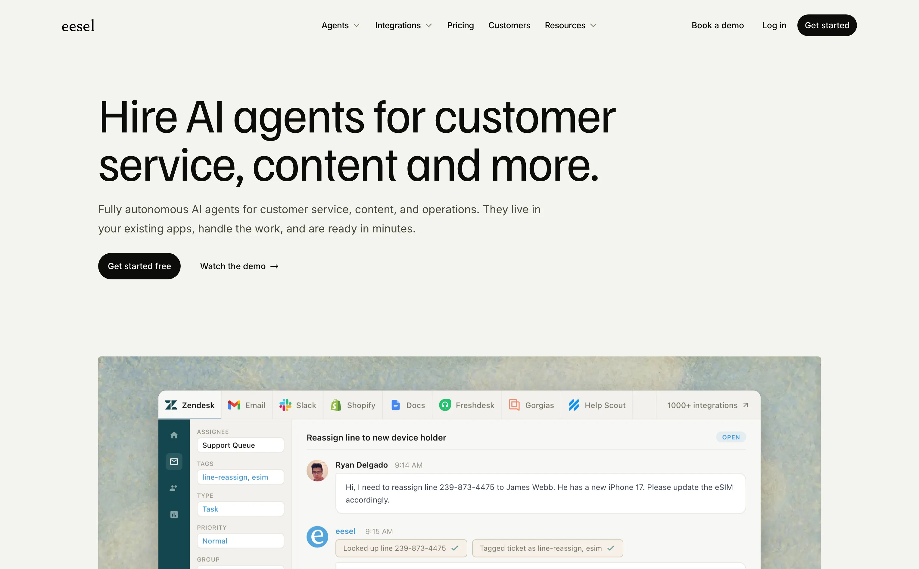 eesel AI customer support agent homepage