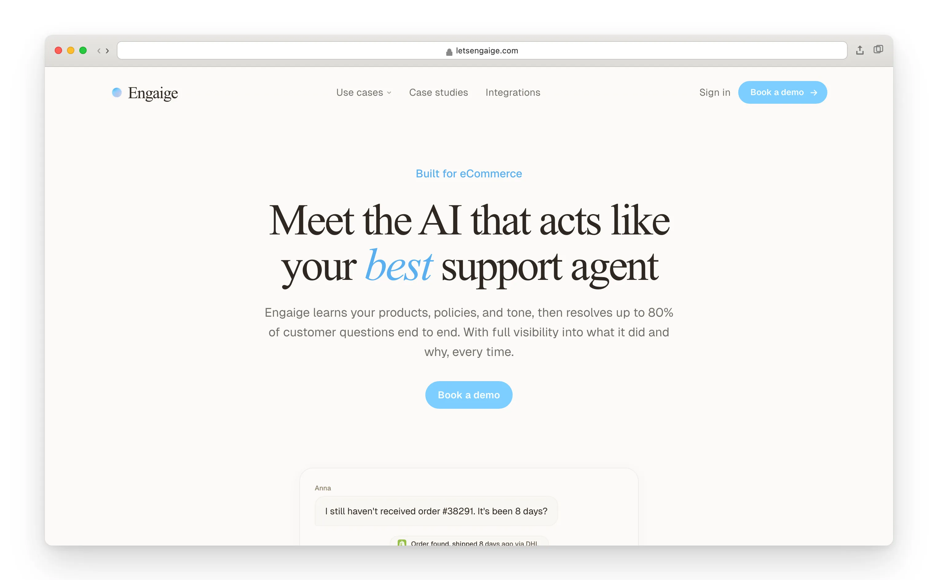 Engaige homepage, Dutch eCom AI agent.