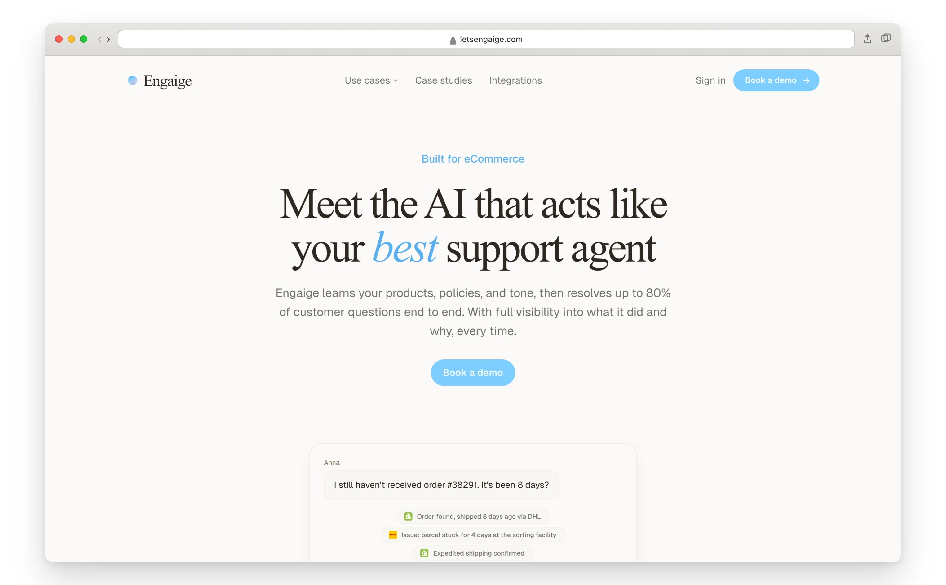 Engaige AI customer service agent homepage