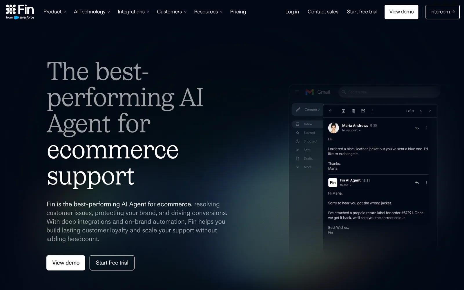 The top of Fin's e-commerce page at fin.ai/solutions/ecommerce, headed 'The best-performing AI Agent for ecommerce support' (vendor wording), with an example email in which Fin sends a prepaid return label for a wrong item, captured 21 October 2026.