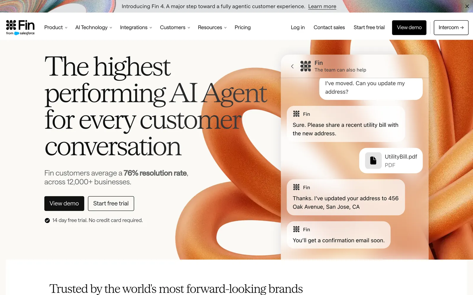 Screenshot of the Fin homepage at fin.ai, headed 'The highest performing AI Agent for every customer conversation', with the Fin logo marked 'from Salesforce', an Intercom link in the top navigation and a sample conversation in which Fin updates a customer's address, captured 20 October 2026.