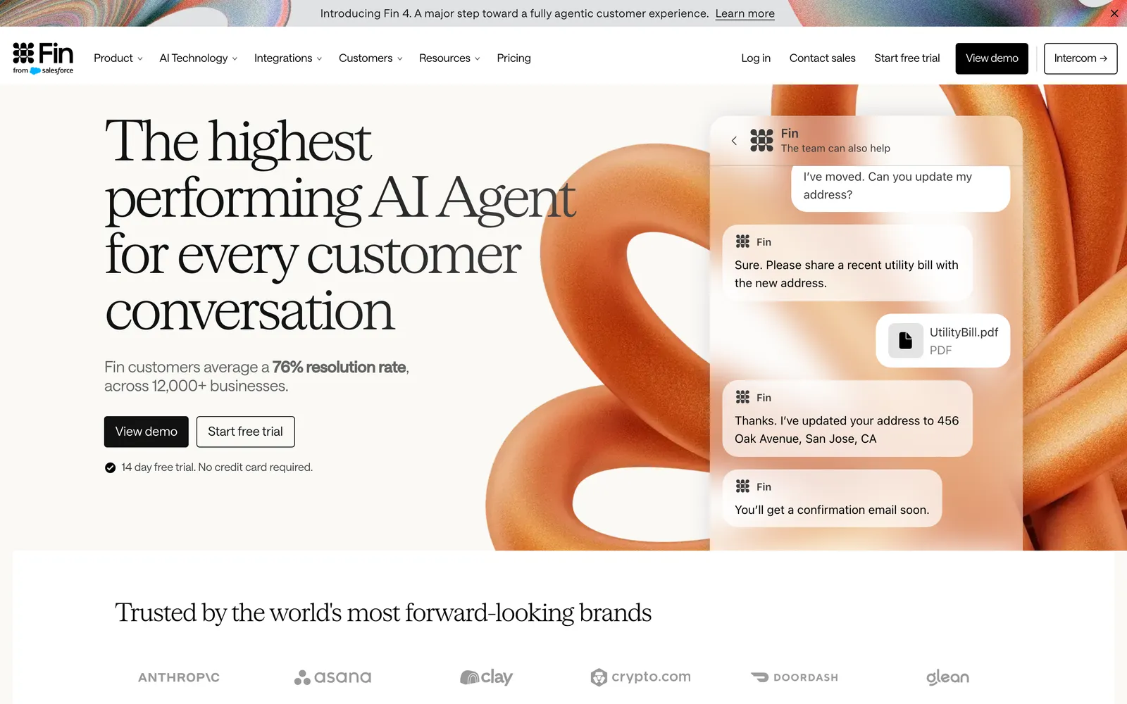 Fin homepage, 'The highest performing AI Agent for every customer conversation', stating that Fin customers average a 76% resolution rate across 12,000+ businesses, with the Fin from Salesforce logo, captured 23 October 2026.