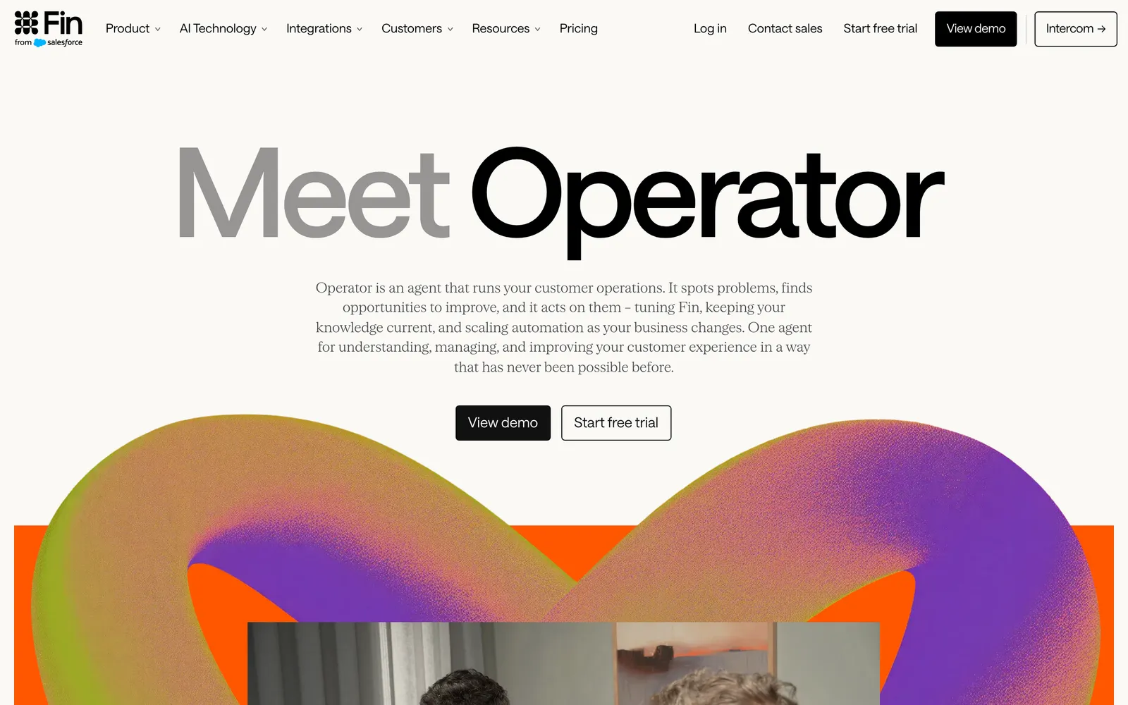 Screenshot of the Fin Operator page at fin.ai/operator, headed 'Meet Operator', which describes Operator as an agent that runs your customer operations, captured 20 October 2026.
