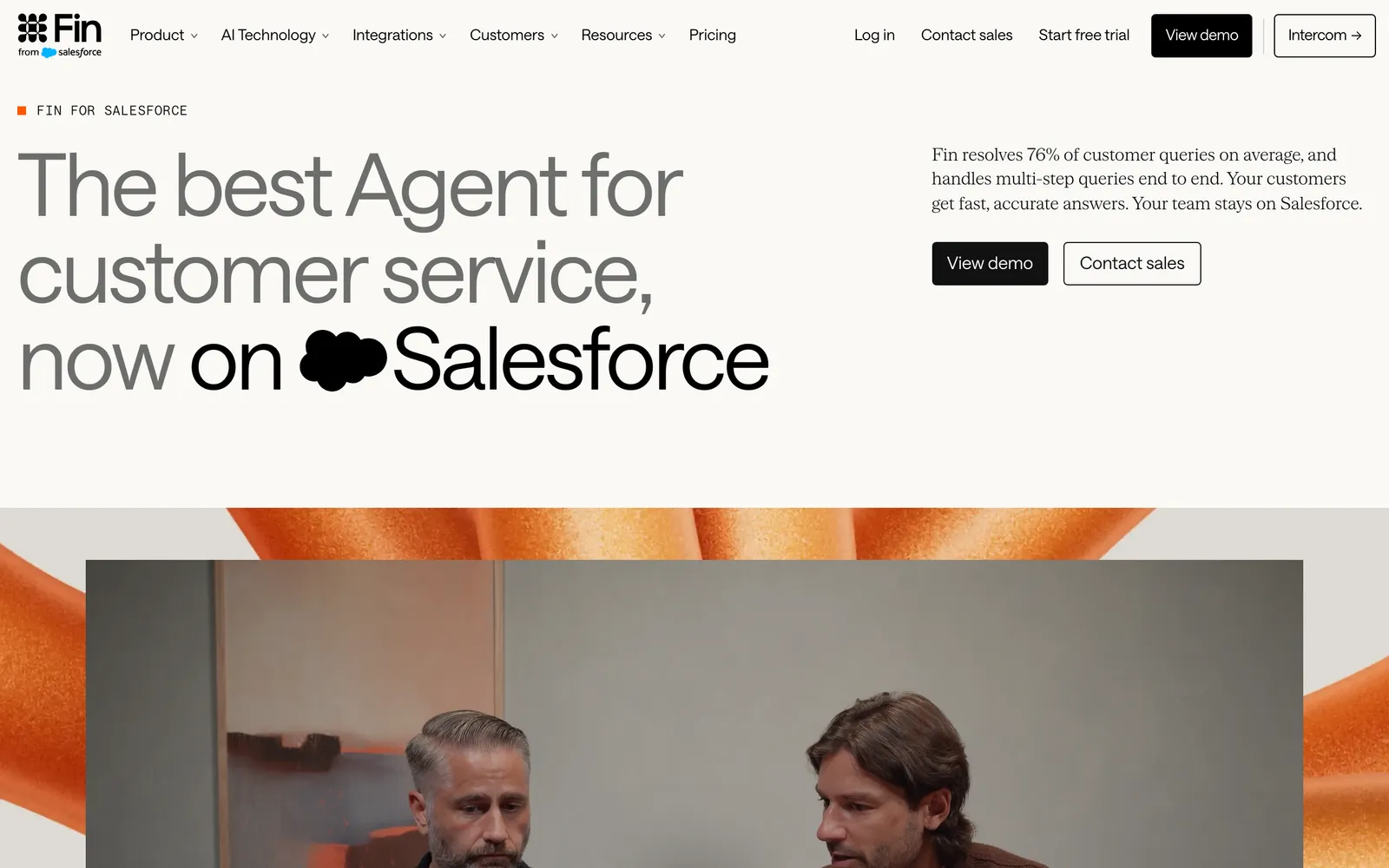 Fin's Salesforce integration page, headed 'The best Agent for customer service, now on Salesforce', with the Fin logo marked 'from Salesforce', captured 20 October 2026.