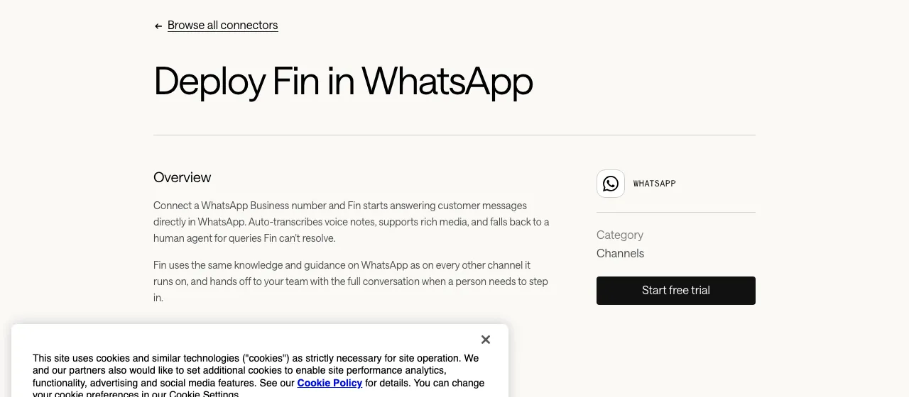 Fin's WhatsApp connector page, headed 'Deploy Fin in WhatsApp', describing voice-note transcription, rich media and hand-off to a human agent, captured 15 October 2026 from fin.ai.