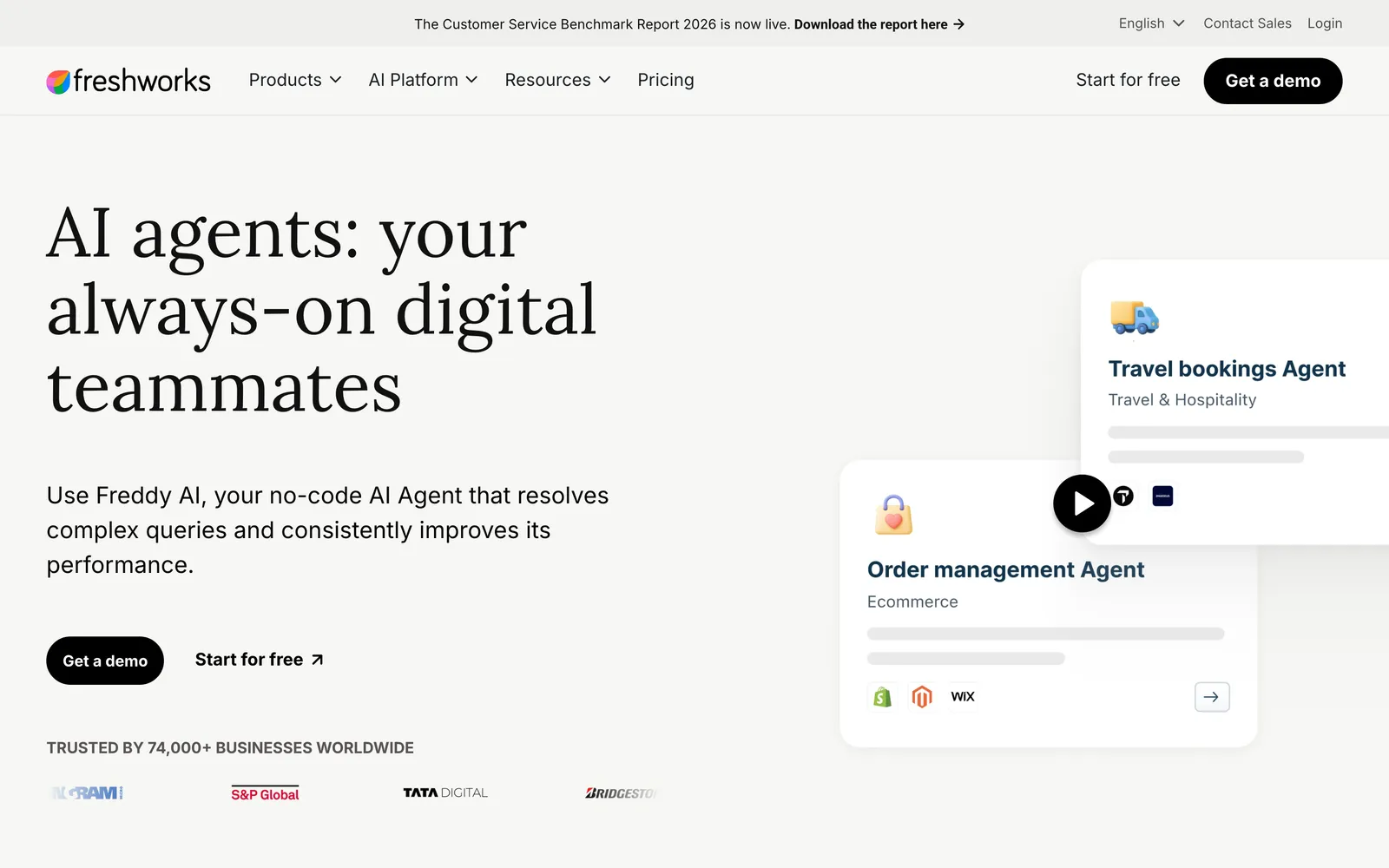 Freshworks' Freddy AI Agent page, 'AI agents: your always-on digital teammates', with Order management and Travel bookings agent cards, captured 23 October 2026.