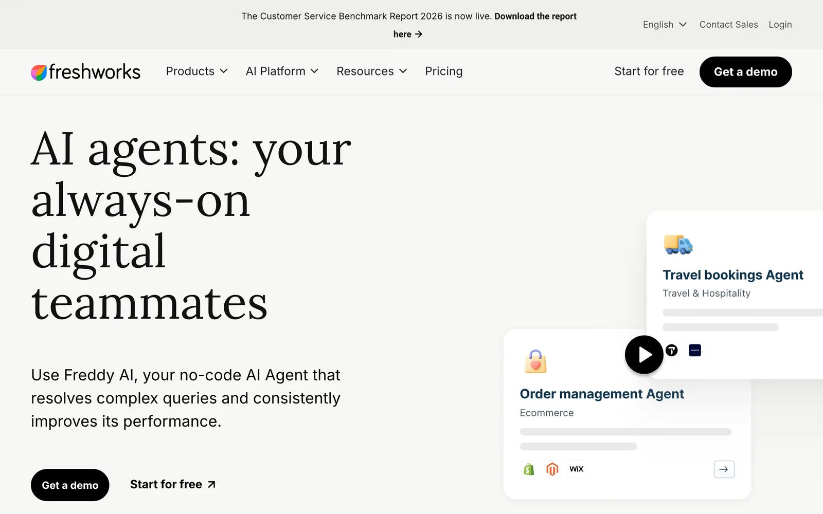 Screenshot of Freshworks' Freddy AI Agent page at freshworks.com/freshdesk/omni/freddy-ai-agent, showing the headline 'AI agents: your always-on digital teammates', the line 'Use Freddy AI, your no-code AI Agent that resolves complex queries and consistently improves its performance' and cards for an Ecommerce order management agent and a travel bookings agent, captured 16 October 2026.