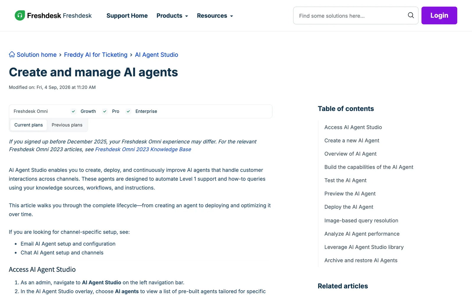 Freshdesk's help article 'Create and manage AI agents' in AI Agent Studio, marked for Freshdesk Omni Growth, Pro and Enterprise plans, captured 15 October 2026 from support.freshdesk.com.
