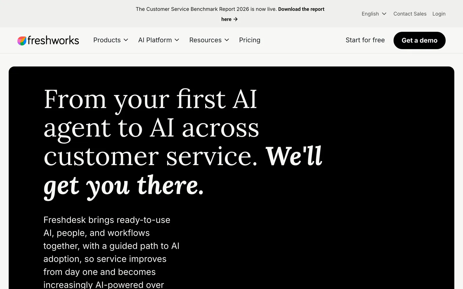 Screenshot of Freshworks' Freshdesk Omni product page at freshworks.com/freshdesk/omni, showing its headline about going from a first AI agent to AI across customer service, captured 16 October 2026.