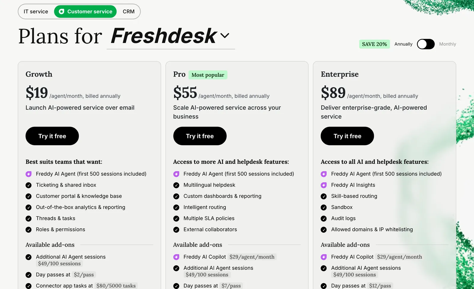 Screenshot of the Freshdesk pricing page at freshworks.com/freshdesk/pricing, showing the Growth plan at $19, Pro at $55 and Enterprise at $89 per agent per month, billed annually, with Freddy AI Agent listed on all three, captured 16 October 2026.