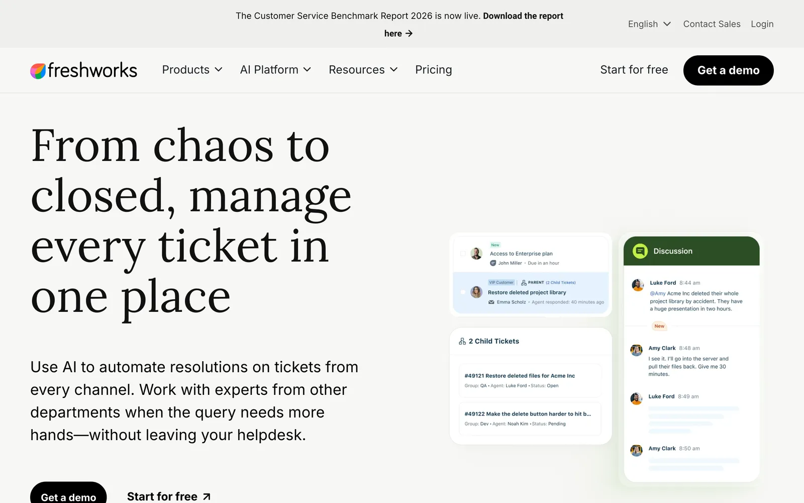Screenshot of Freshworks' Freshdesk ticketing page at freshworks.com/freshdesk/ticketing, showing the headline 'From chaos to closed, manage every ticket in one place' next to an illustrated ticket list with a parent ticket, two child tickets and an internal discussion thread, captured 16 October 2026.