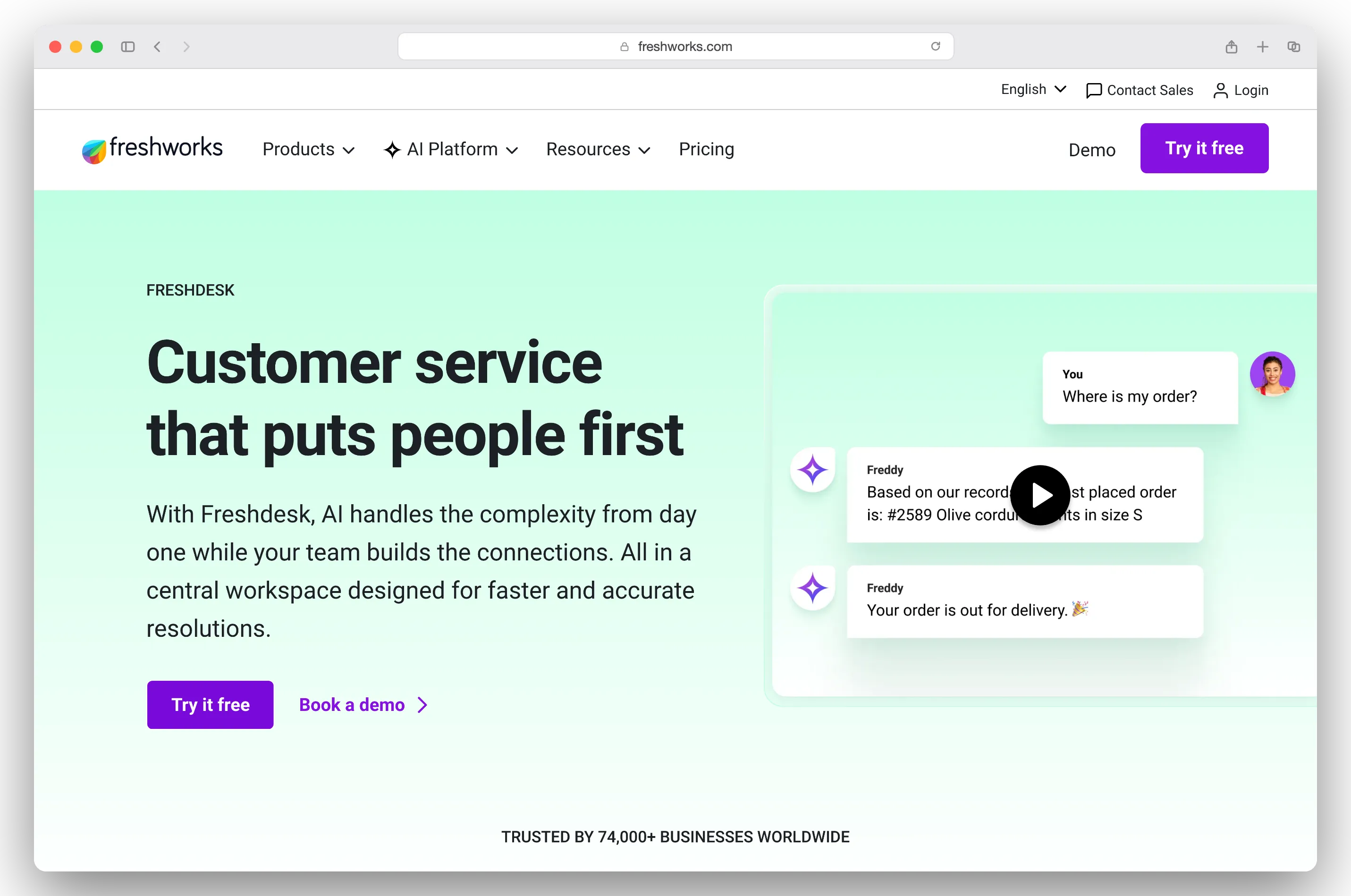 Freshdesk homepage, helpdesk en ticketing van Freshworks.