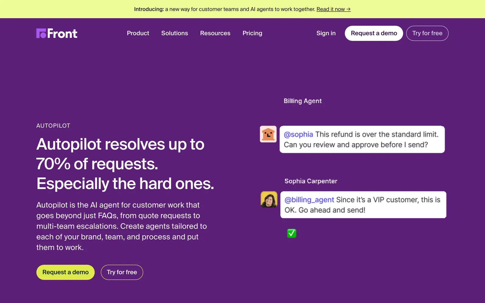 Front's Autopilot page: 'Autopilot resolves up to 70% of requests. Especially the hard ones.', describing Autopilot as the AI agent for customer work that goes beyond FAQs, captured 16 October 2026.