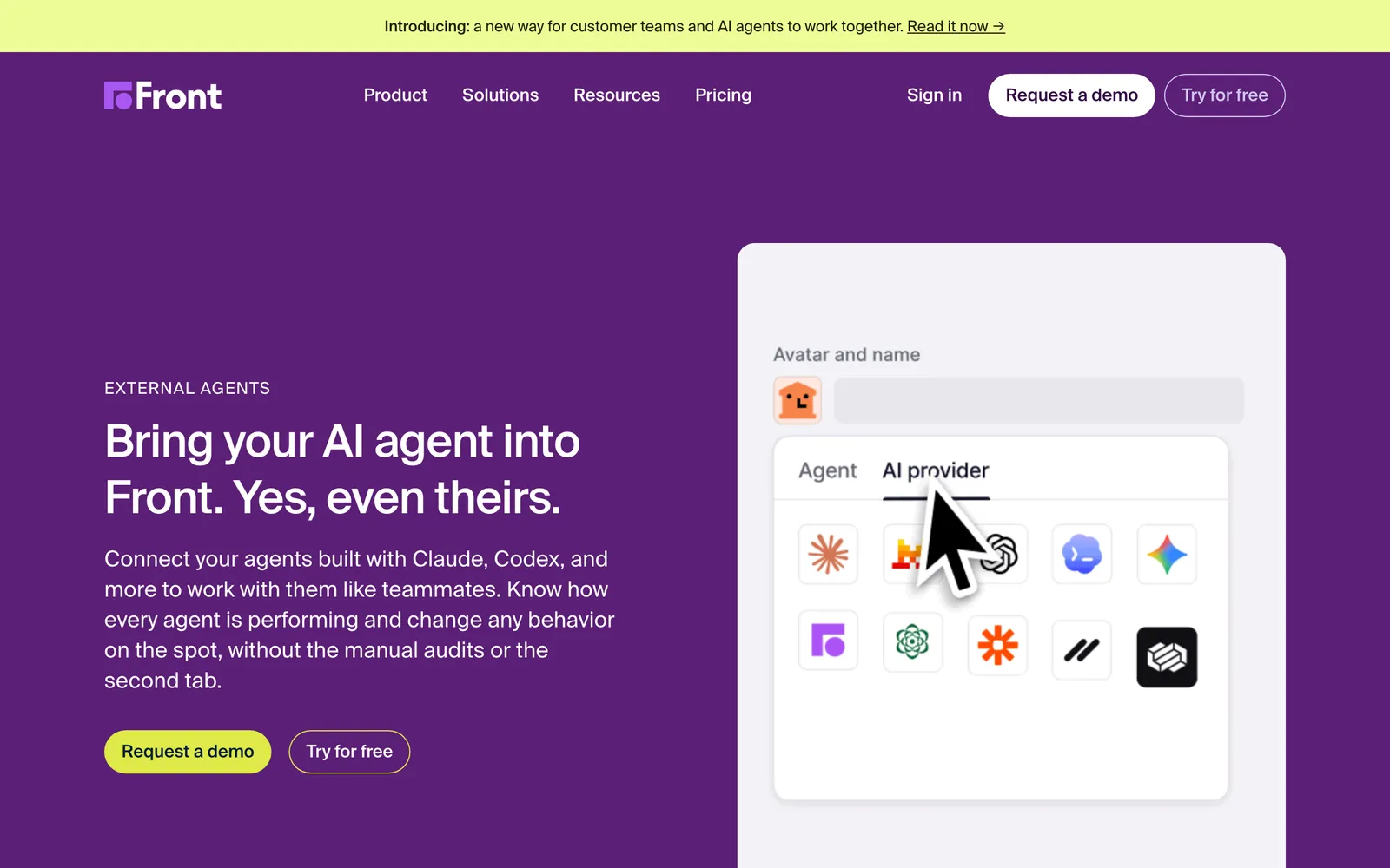 Front's External Agents page: 'Bring your AI agent into Front. Yes, even theirs.', with a picker of AI providers, captured 16 October 2026.