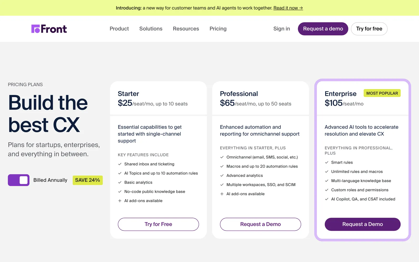 Front's pricing page: Starter at $25, Professional at $65 and Enterprise at $105 per seat per month, billed annually, captured 16 October 2026.