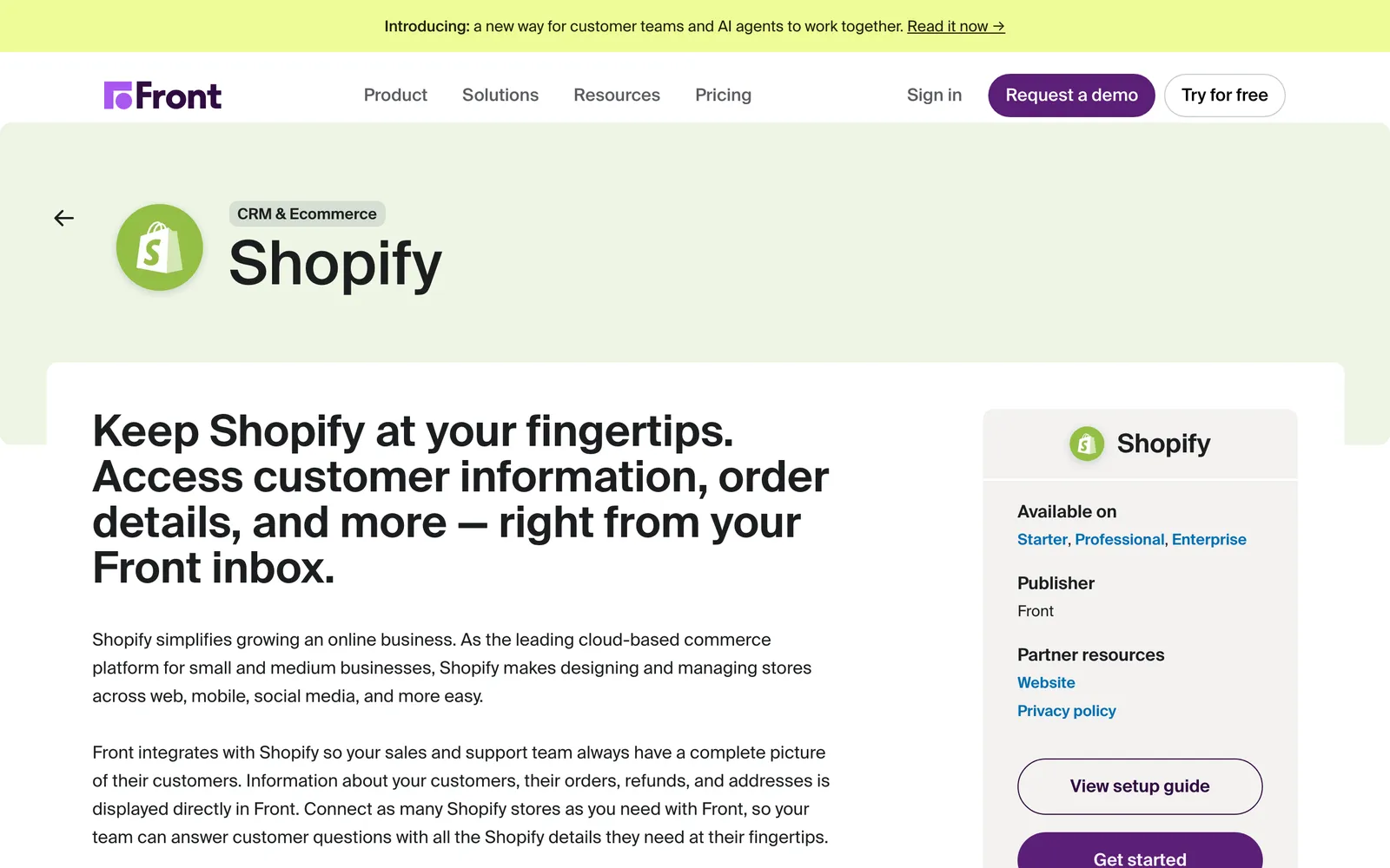 Front's Shopify integration page: customer information, order details and more shown inside the Front inbox, with the text that orders, refunds and addresses are displayed directly in Front, captured 16 October 2026.