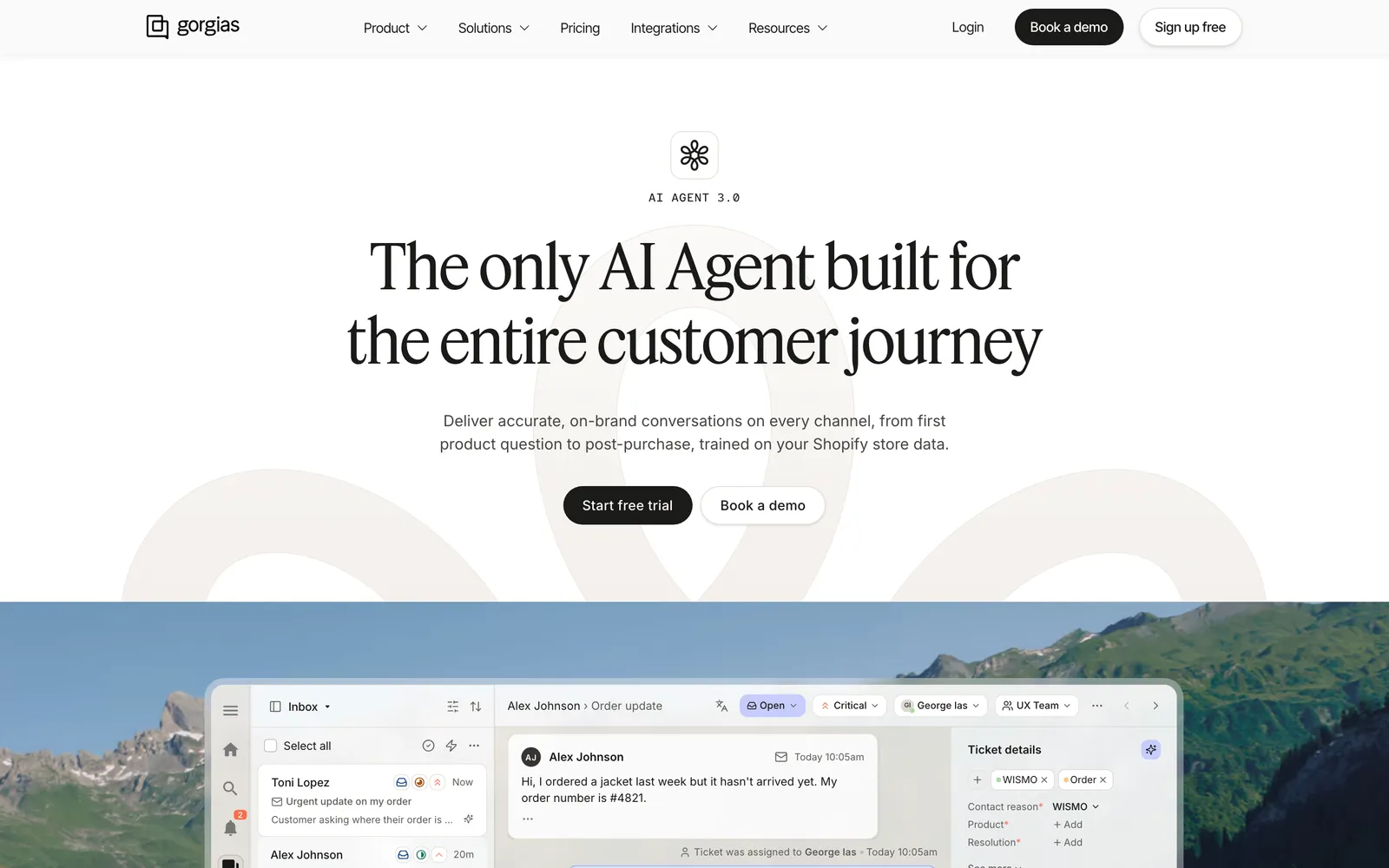 Gorgias AI Agent page, 'AI Agent 3.0' above the headline 'The only AI Agent built for the entire customer journey', with a help desk ticket about a late order below the headline, captured 23 October 2026.