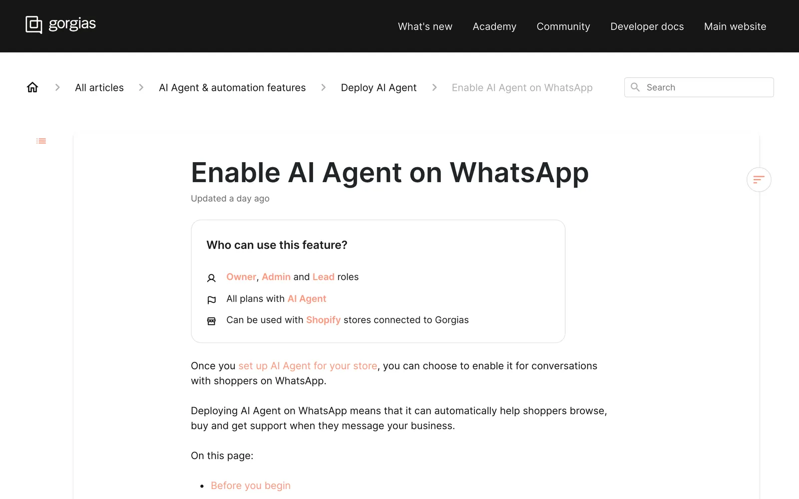 Gorgias's help article 'Enable AI Agent on WhatsApp', whose 'Who can use this feature?' box lists all plans with AI Agent and Shopify stores connected to Gorgias, captured 15 October 2026 from docs.gorgias.com.
