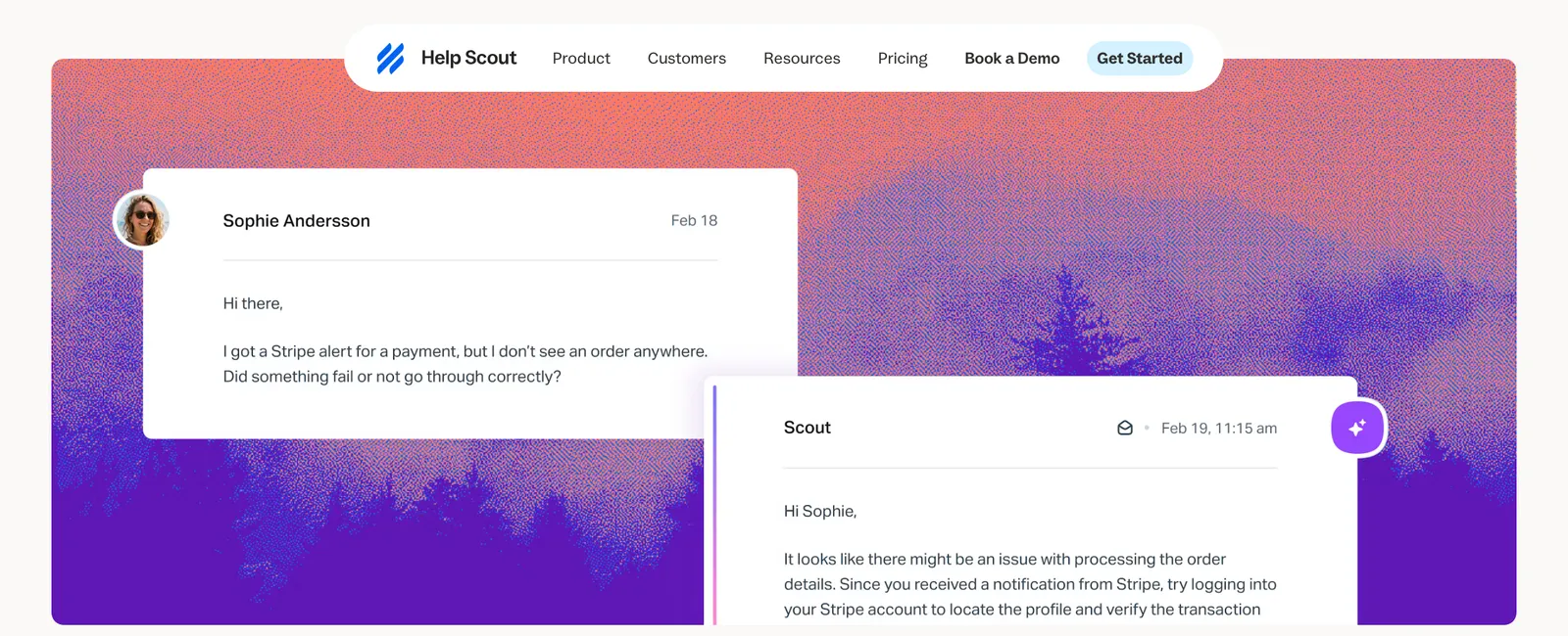 Help Scout's AI agent page at helpscout.com/agent, with a customer email about a Stripe payment and Scout's reply suggesting how to check the transaction, captured 16 October 2026.