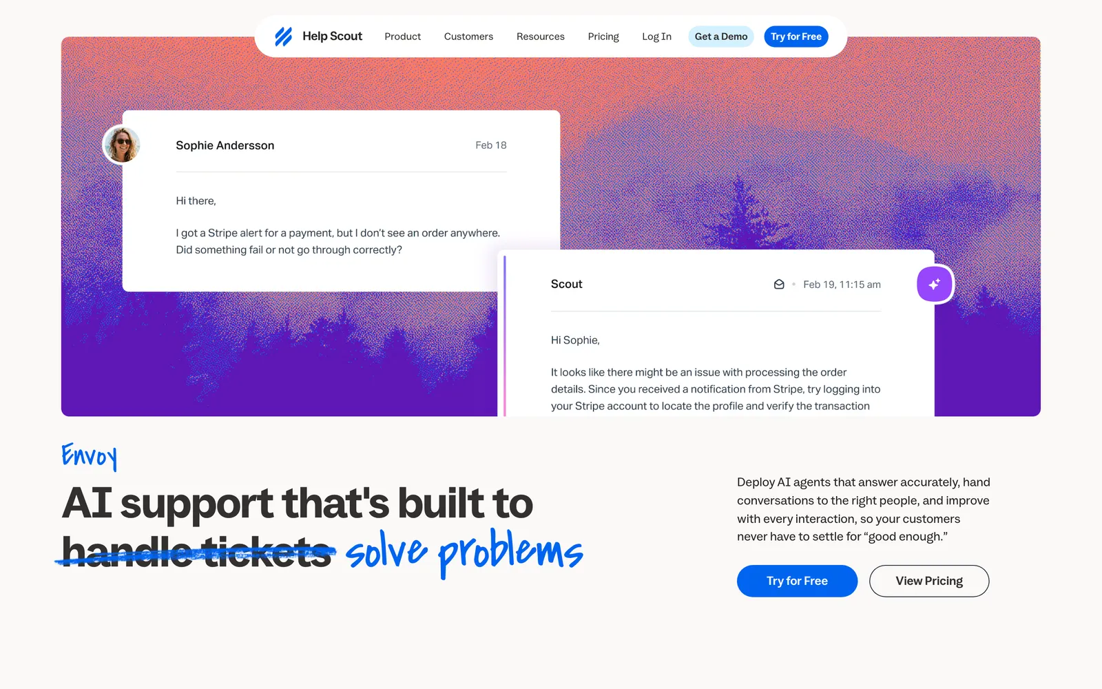 Help Scout's Envoy page, 'AI support that's built to solve problems', with a customer email and a reply from its Scout agent, captured 23 October 2026.