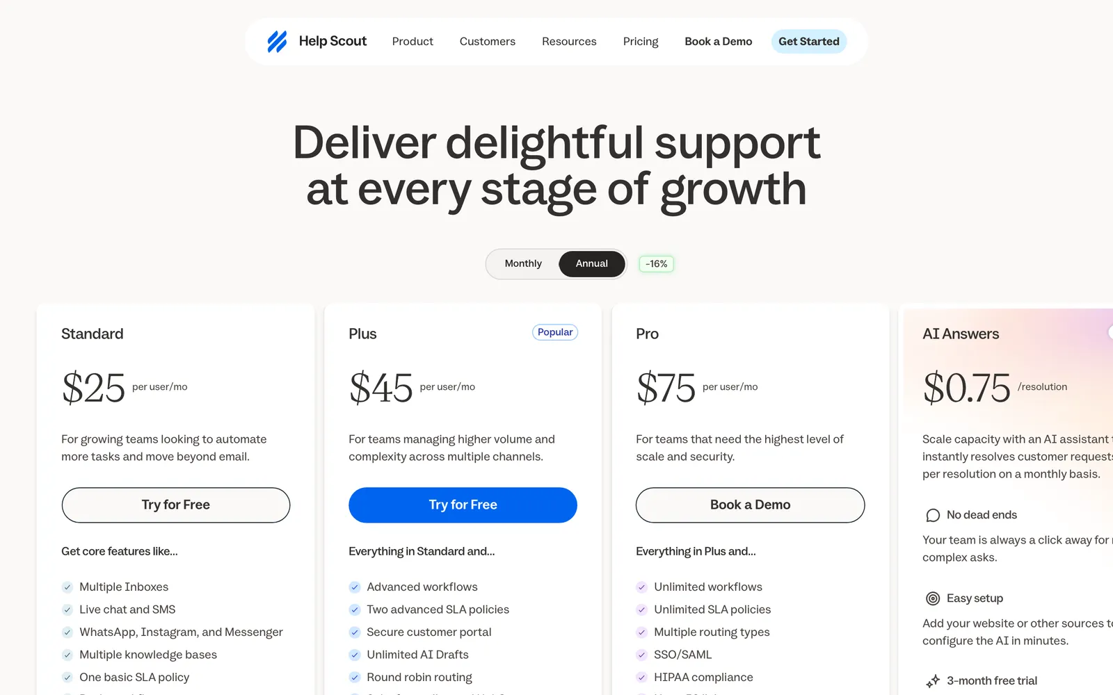 Help Scout's pricing page: Standard at $25, Plus at $45 and Pro at $75 per user per month, and the AI Answers add-on at $0.75 per resolution, captured 16 October 2026.
