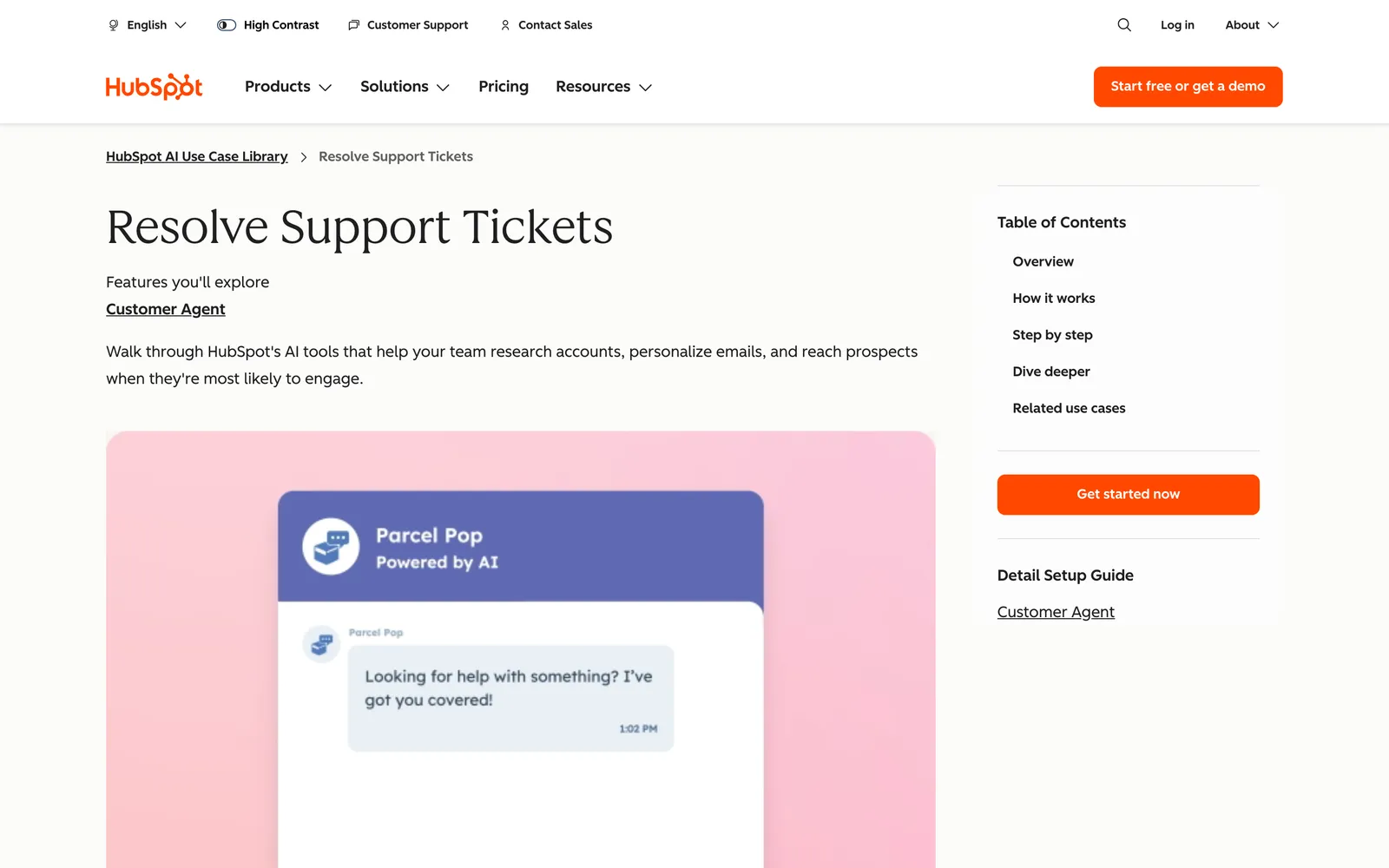 HubSpot's Resolve Support Tickets use-case page for Customer Agent, with a Parcel Pop chat widget 'Powered by AI', captured 23 October 2026.