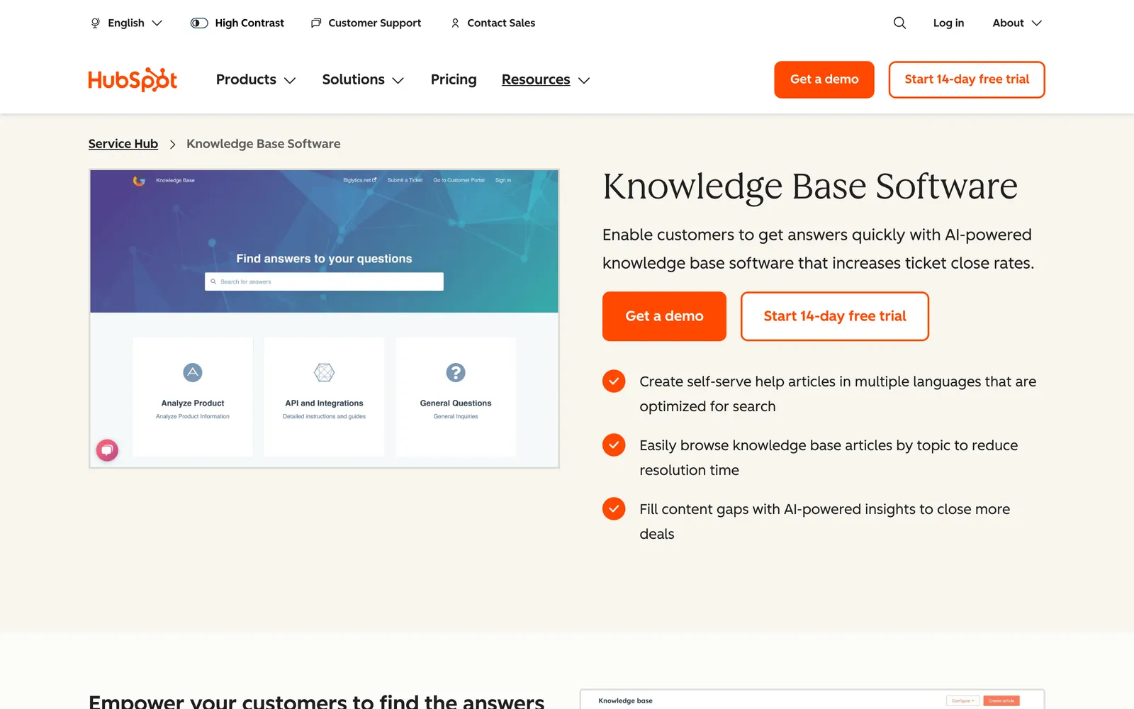 HubSpot's Knowledge Base Software product page for Service Hub: a sample help centre with a search box and article categories, and the headline claim that it increases ticket close rates, captured 16 October 2026.