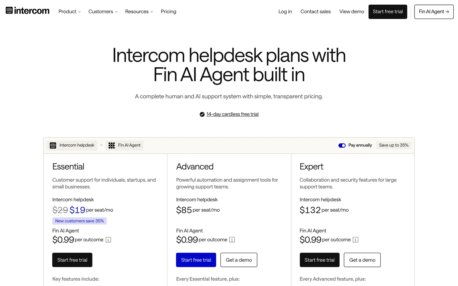 Intercom's pricing page, 'Intercom helpdesk plans with Fin AI Agent built in', showing Essential, Advanced and Expert helpdesk seats with Fin AI Agent at $0.99 per outcome on each plan, captured 21 October 2026.