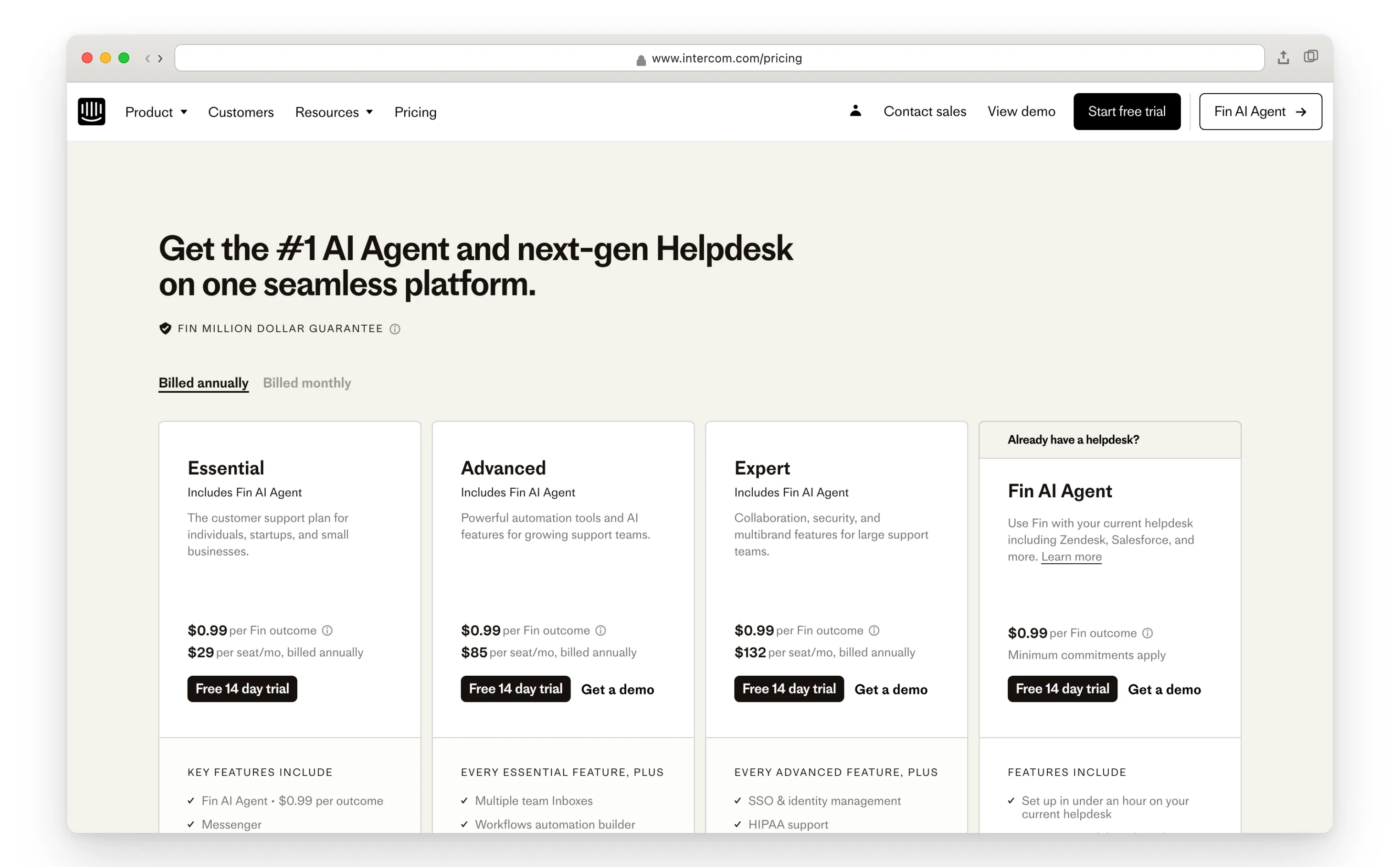 Intercom pricing page showing per-seat and Fin AI pricing