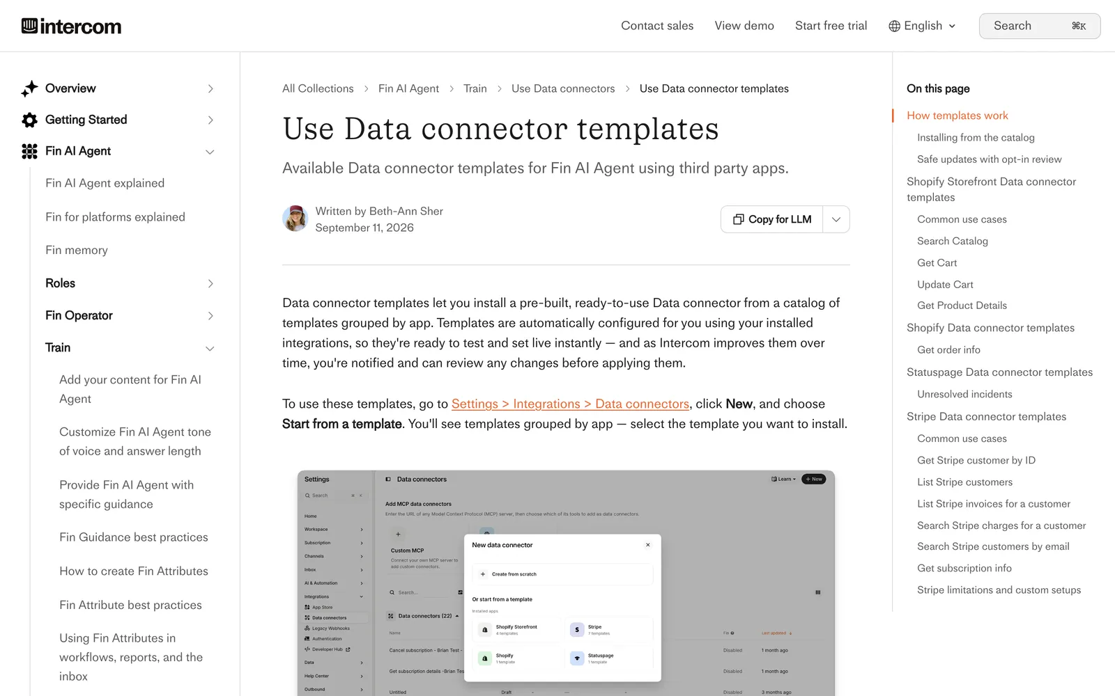 Intercom's help article on data connector templates, with the Shopify Storefront and Shopify template groups in the Data connectors panel and an on-page list of Search Catalog, Get Cart, Update Cart, Get Product Details and Get order info, captured 21 October 2026.