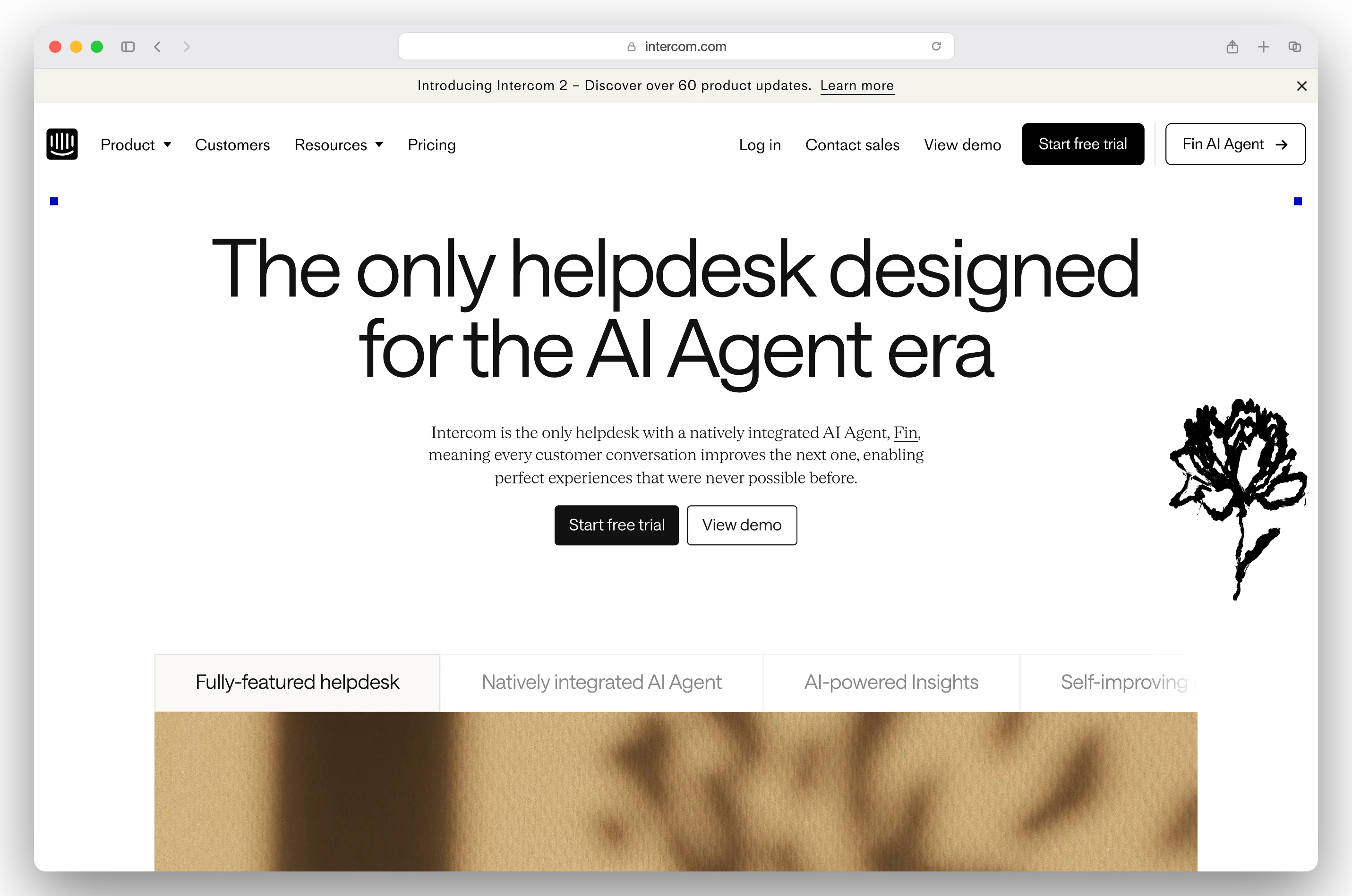 Intercom homepage, messaging-first helpdesk met Fin AI.