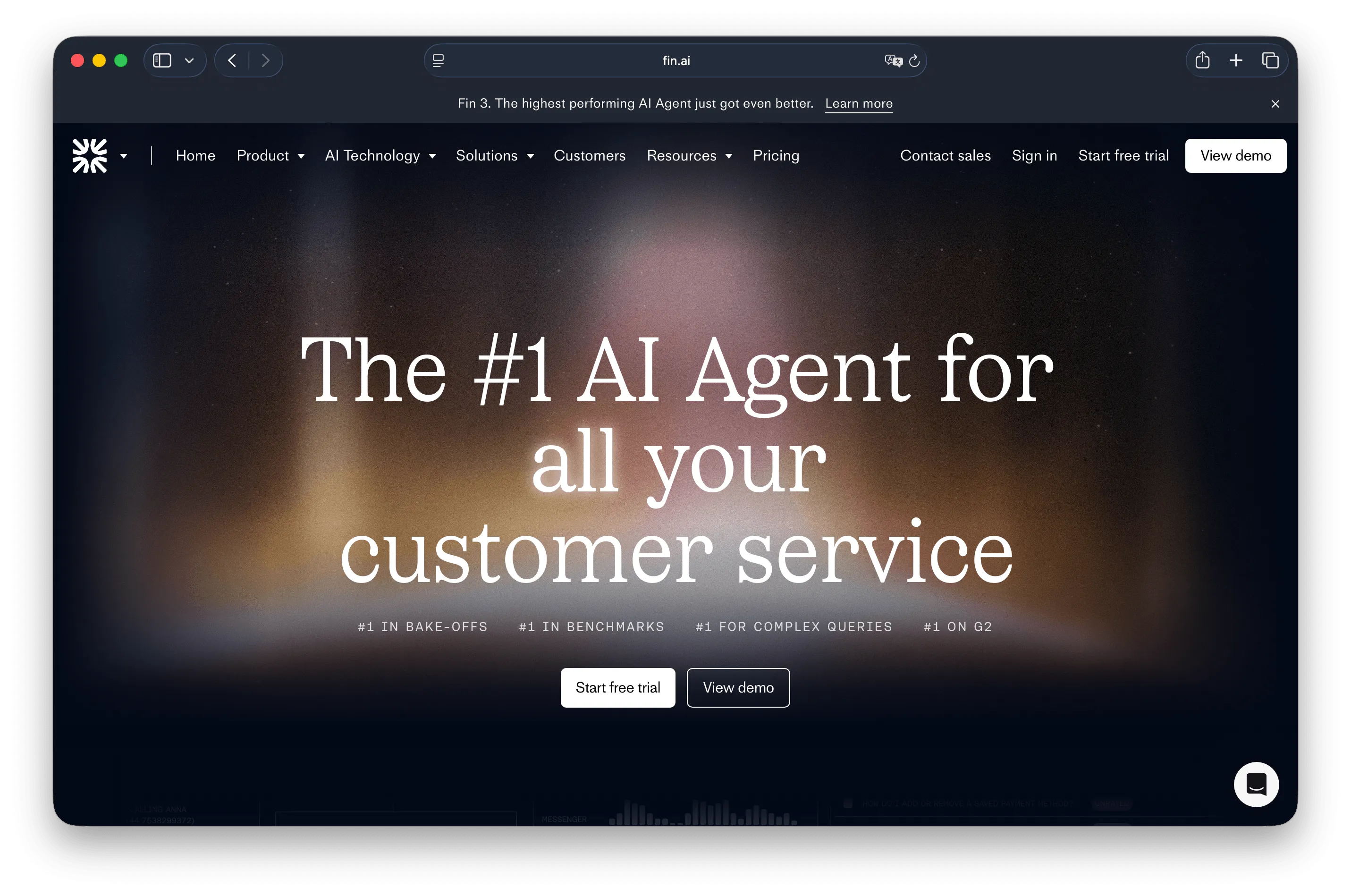 Intercom Fin AI in a live chat conversation