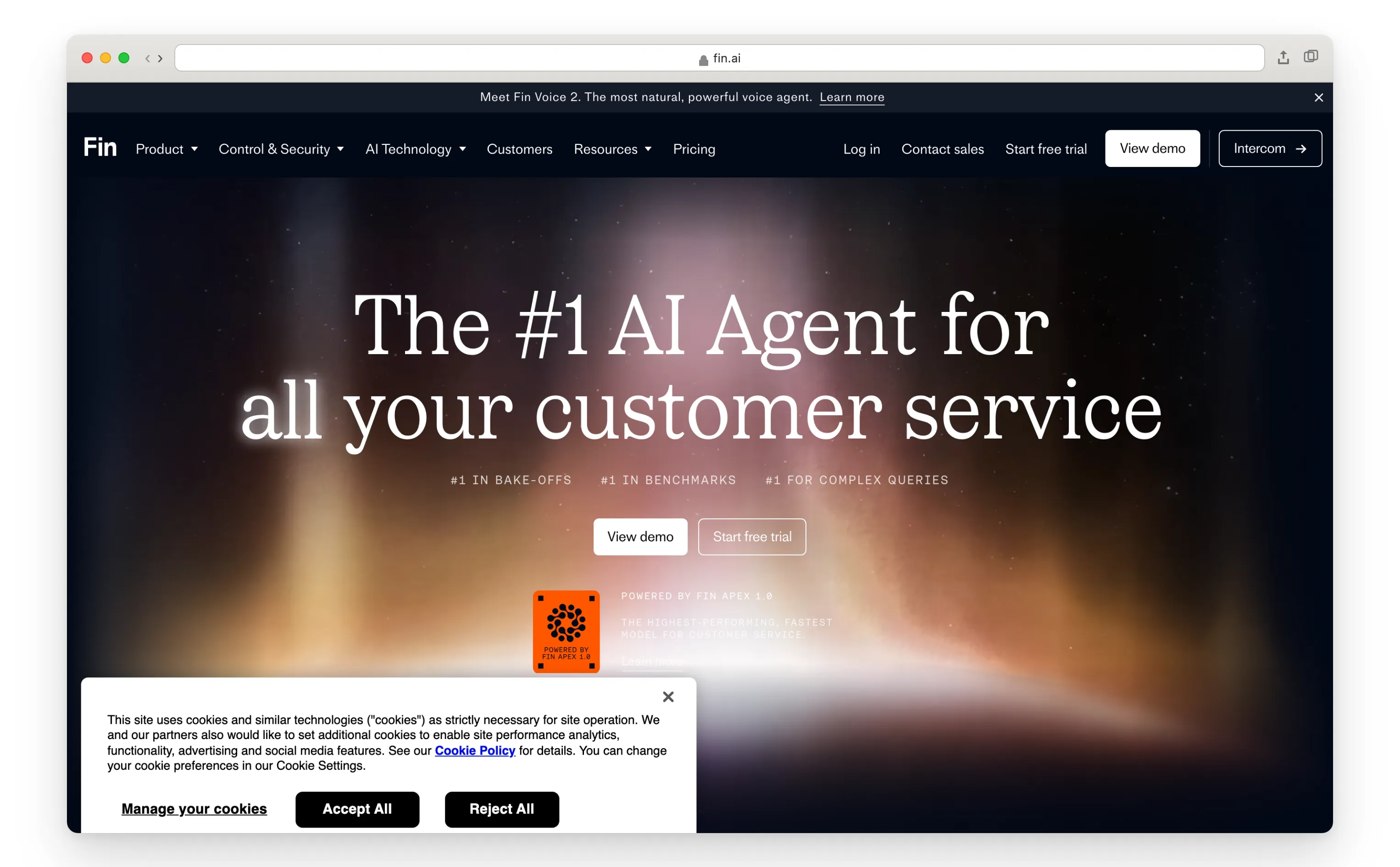 Intercom Fin AI agent homepage