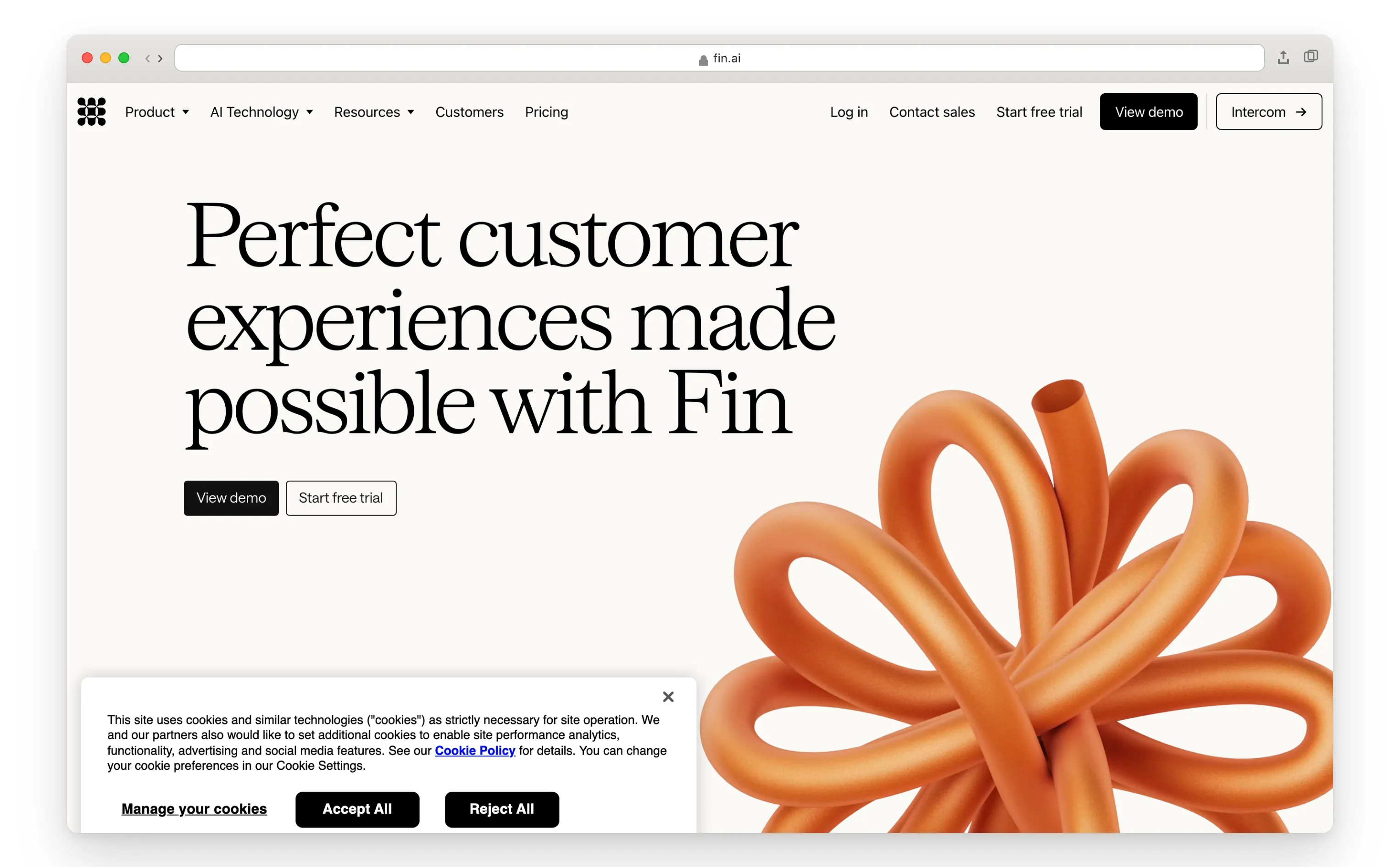 Intercom Fin AI agent homepage