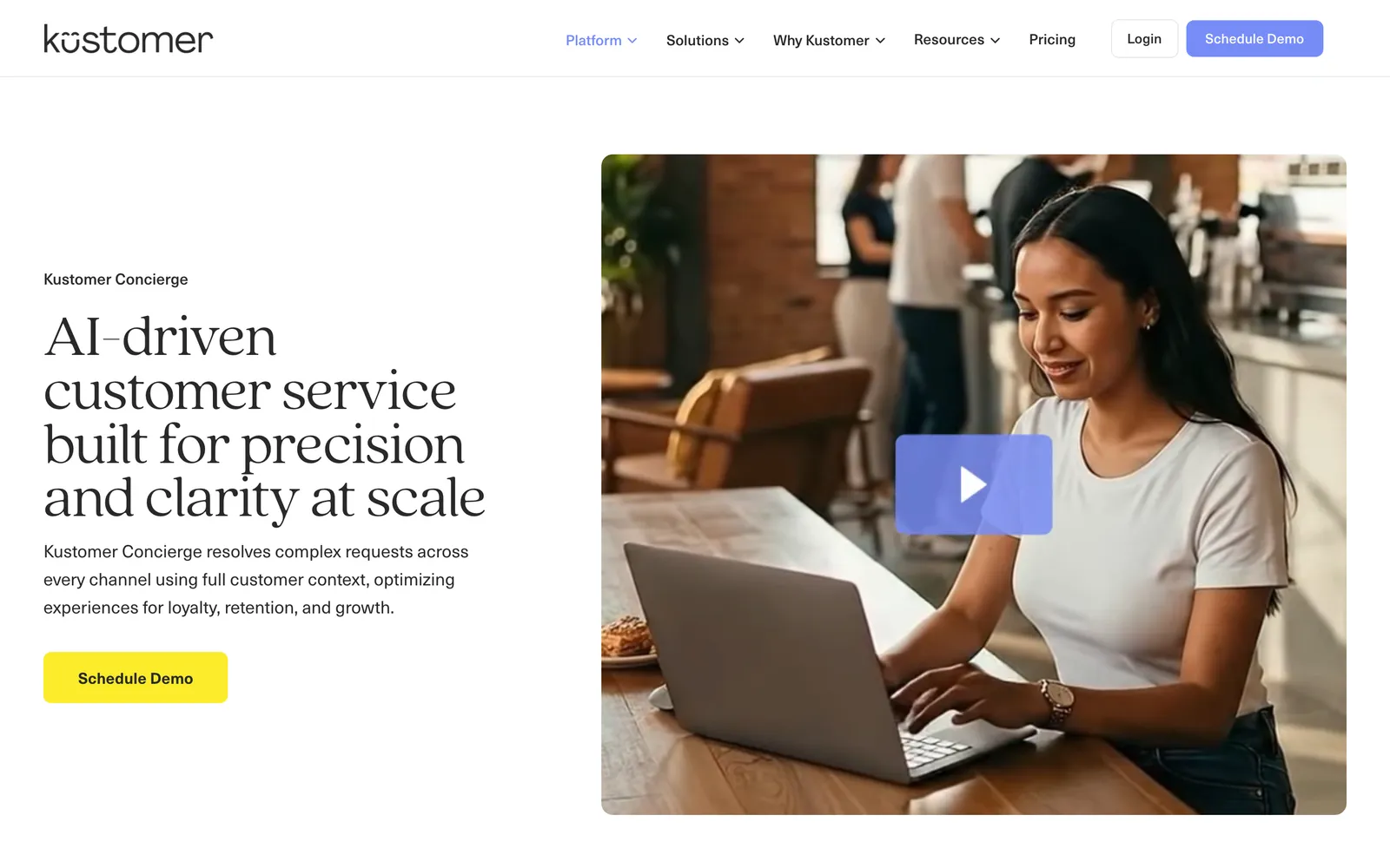 Kustomer Concierge page, 'AI-driven customer service built for precision and clarity at scale', captured 23 October 2026.