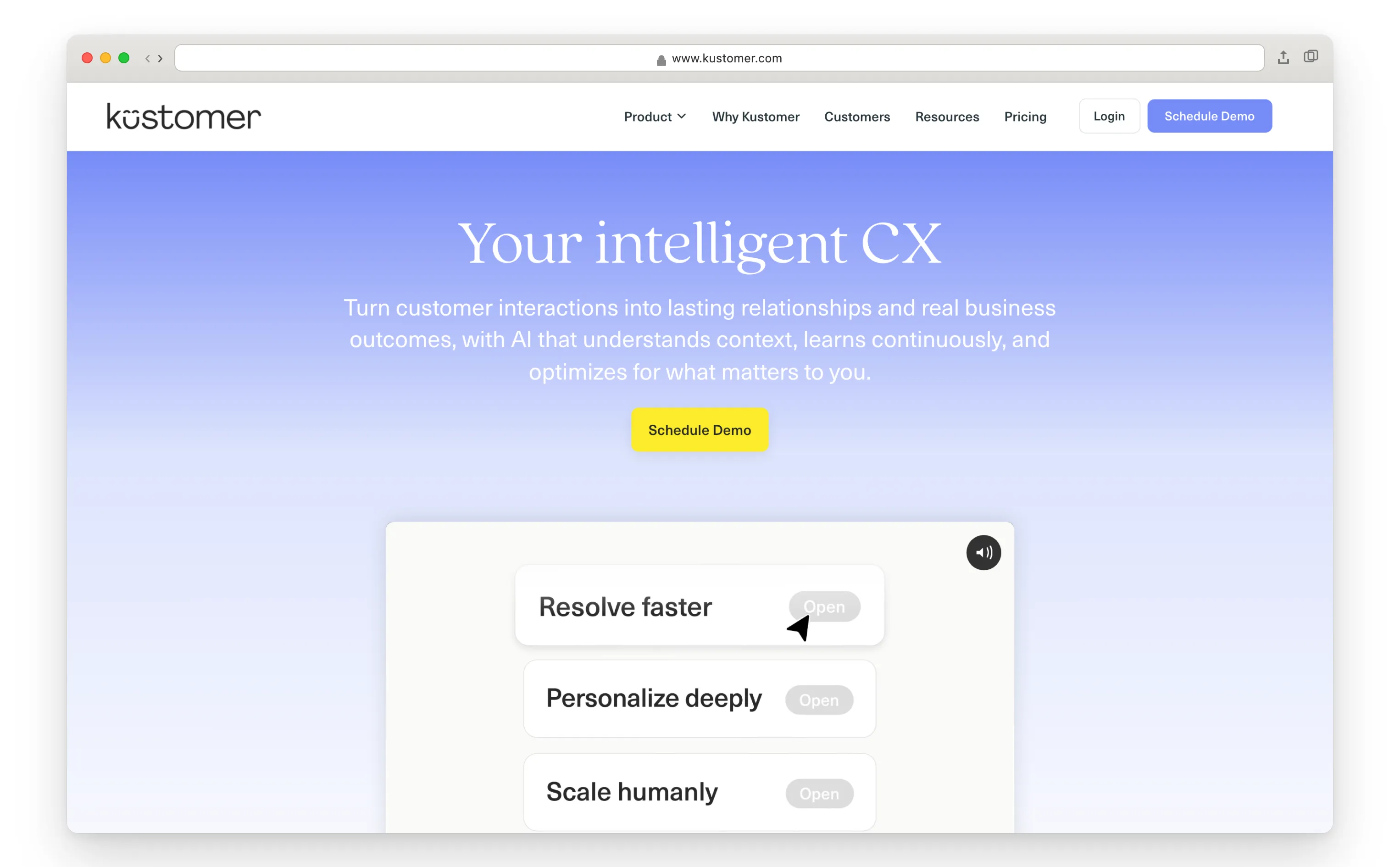 Startseite des KI-nativen CRM Kustomer