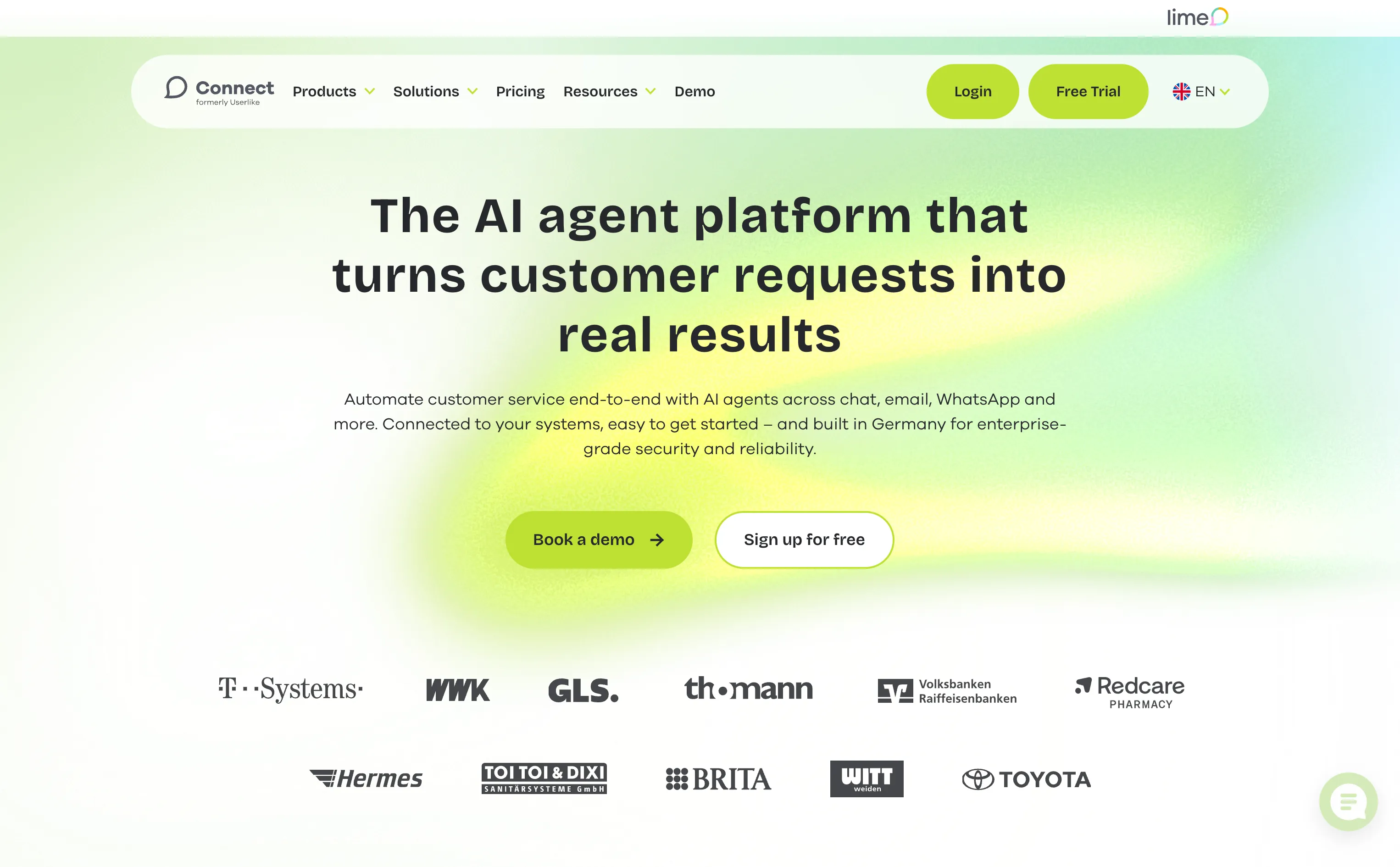 Startseite von LimeConnect, ehemals Userlike, für KI-Kundenkommunikation