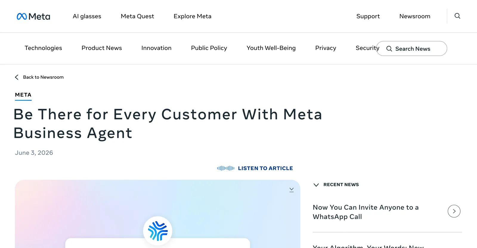 Meta's newsroom post 'Be There for Every Customer With Meta Business Agent', dated 3 June 2026, captured 15 October 2026 from about.fb.com.