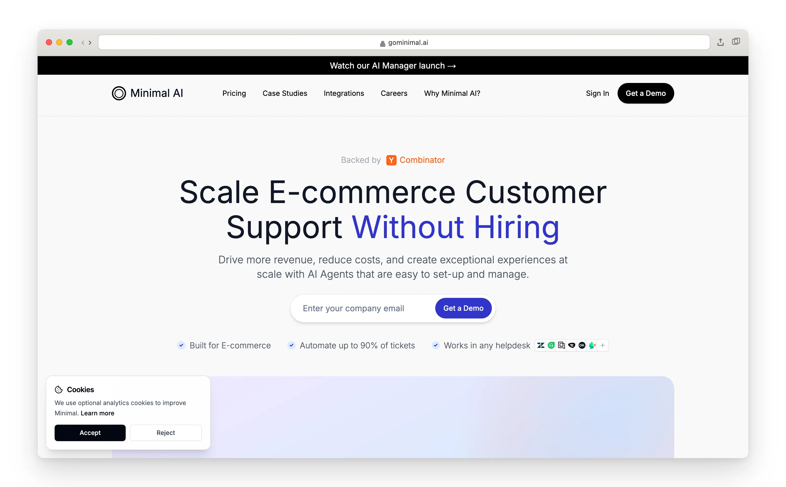 Minimal homepage, eCom AI agent.
