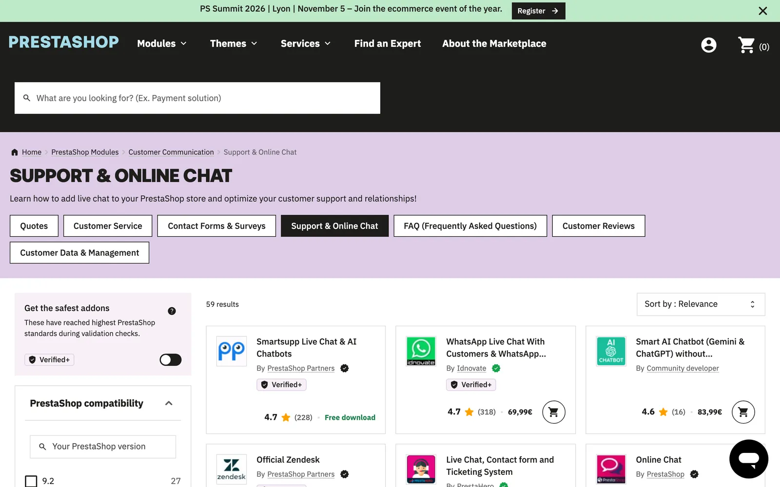 The PrestaShop Addons 'Support & Online Chat' category, showing 59 results with modules such as Smartsupp Live Chat & AI Chatbots, WhatsApp Live Chat and Official Zendesk, captured 15 October 2026 from addons.prestashop.com.