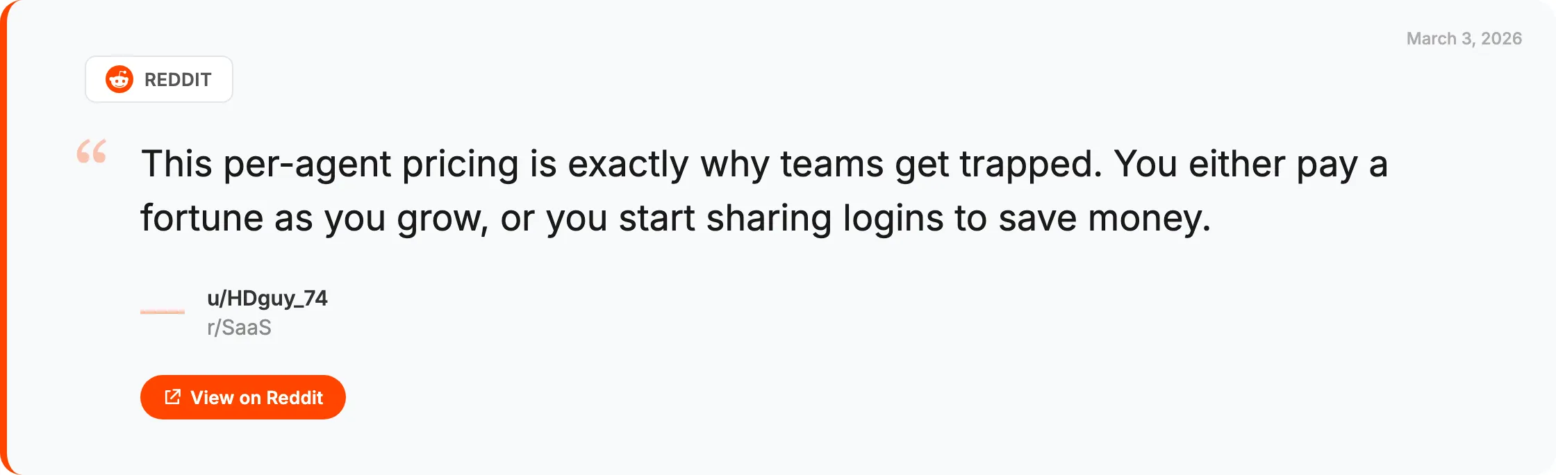 Reddit quote from r/SaaS about per-agent pricing trapping growing teams
