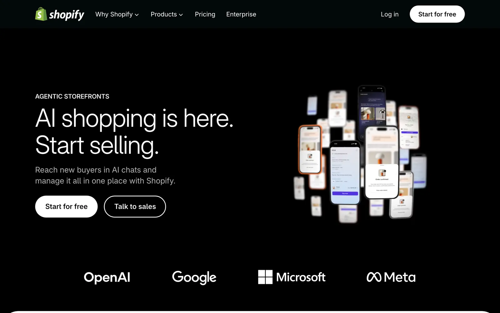 Screenshot of the Shopify agentic storefronts page at shopify.com/nl/agentic-storefronts, captured 12 October 2026.