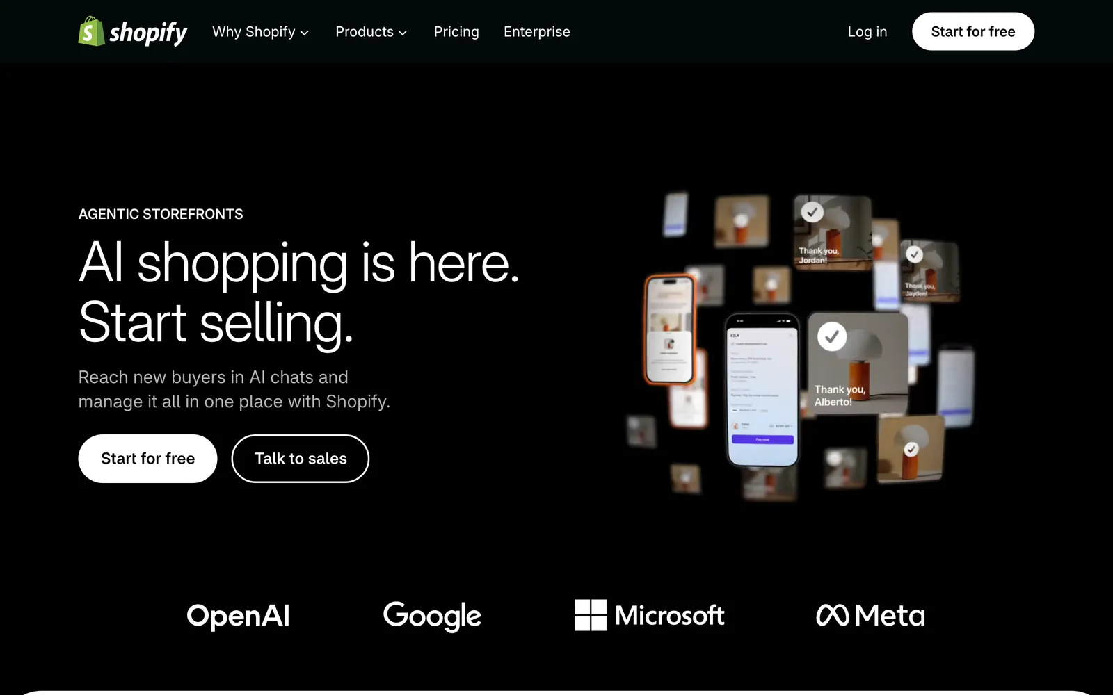 Screenshot of the Shopify agentic storefronts product page, with the headline "AI shopping is here. Start selling." above the OpenAI, Google, Microsoft and Meta logos, at shopify.com/agentic-storefronts, captured 15 October 2026.